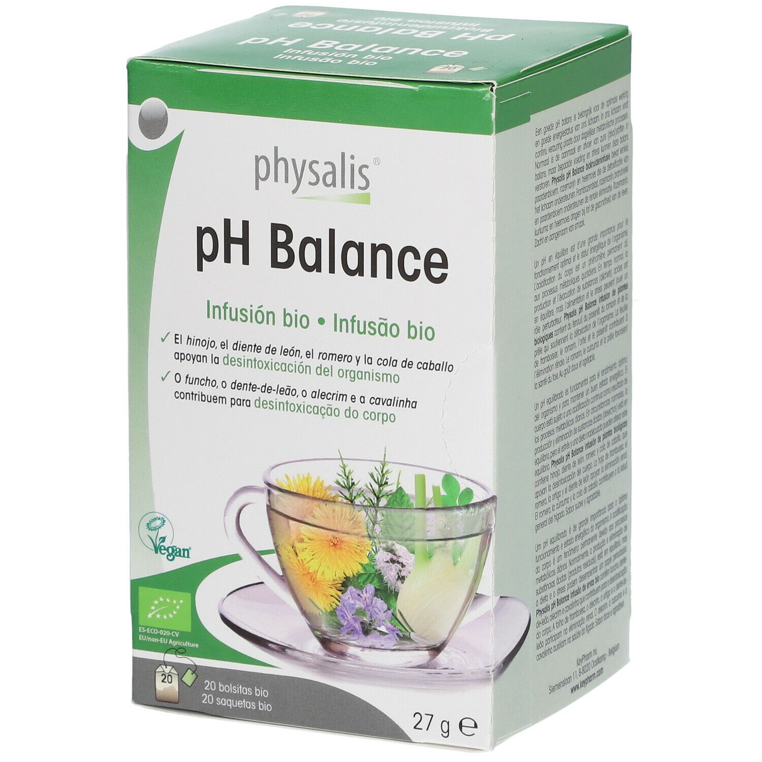 Groene doos "physalis pH Balance". Tekst in het Portugees en Spaans. Afbeelding van een kopje thee. 27g.