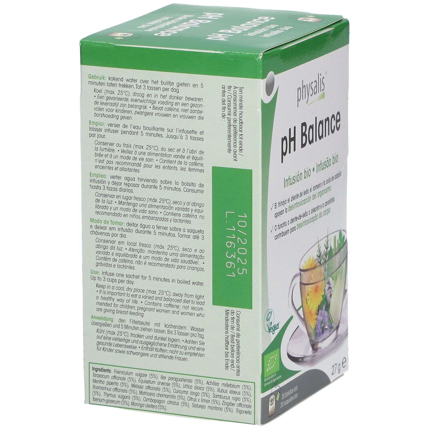 Groene doos "physalis pH Balance". Tekst met bereidingsinstructies. THT: 10/2025. 27g.