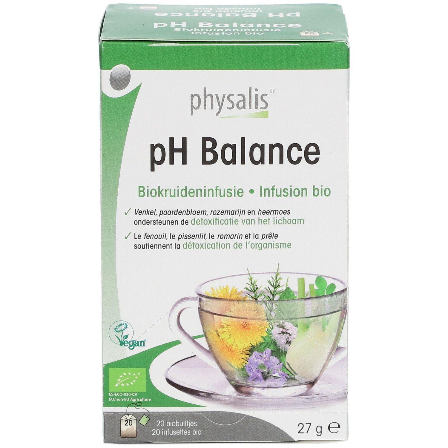 Groene doos "physalis pH Balance". Afbeelding van een kopje kruidenthee. 20 zakjes, 27g. Vegan-label.