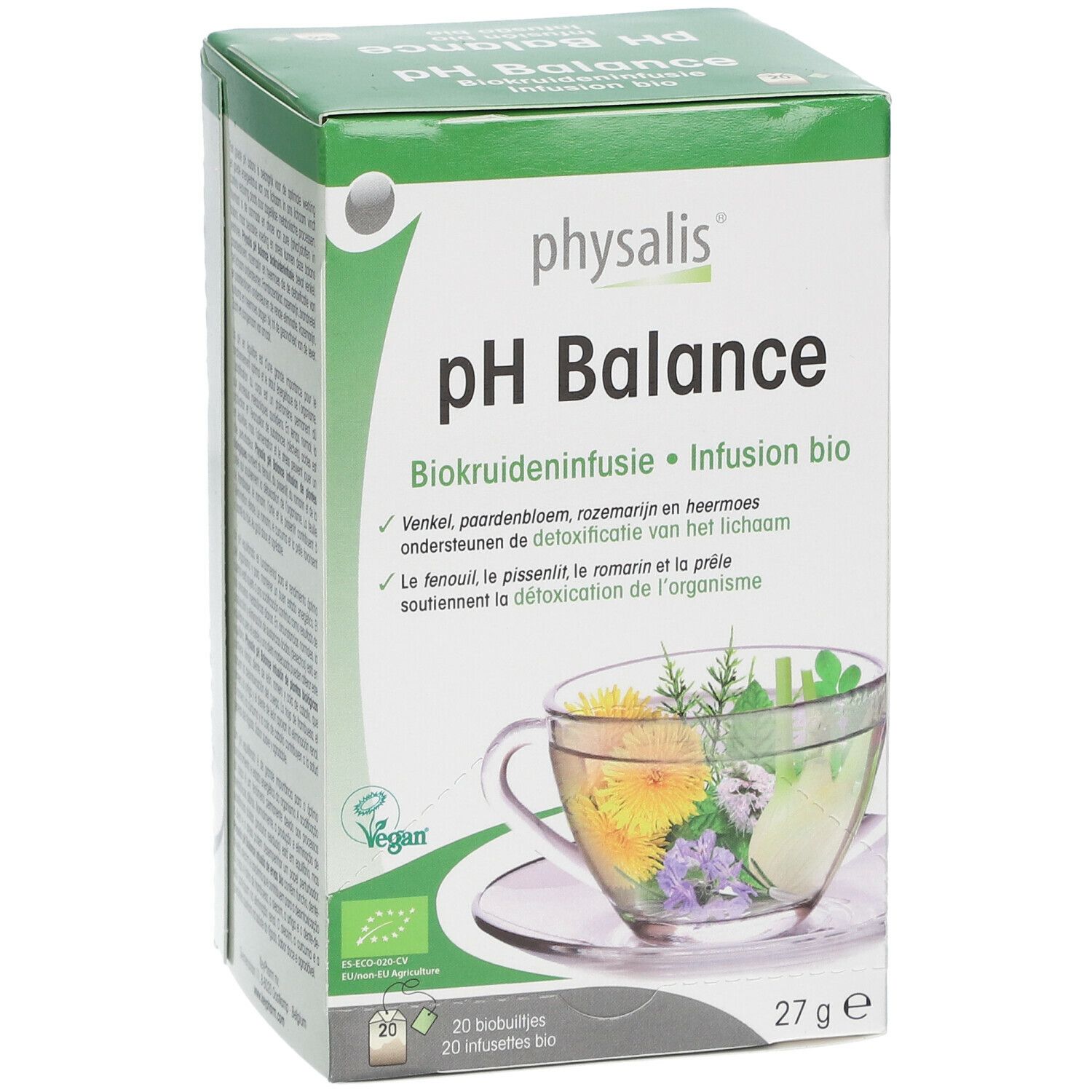 Groene doos "physalis pH Balance". Afbeelding van een kopje kruidenthee. 20 zakjes, 27g. Vegan-label.