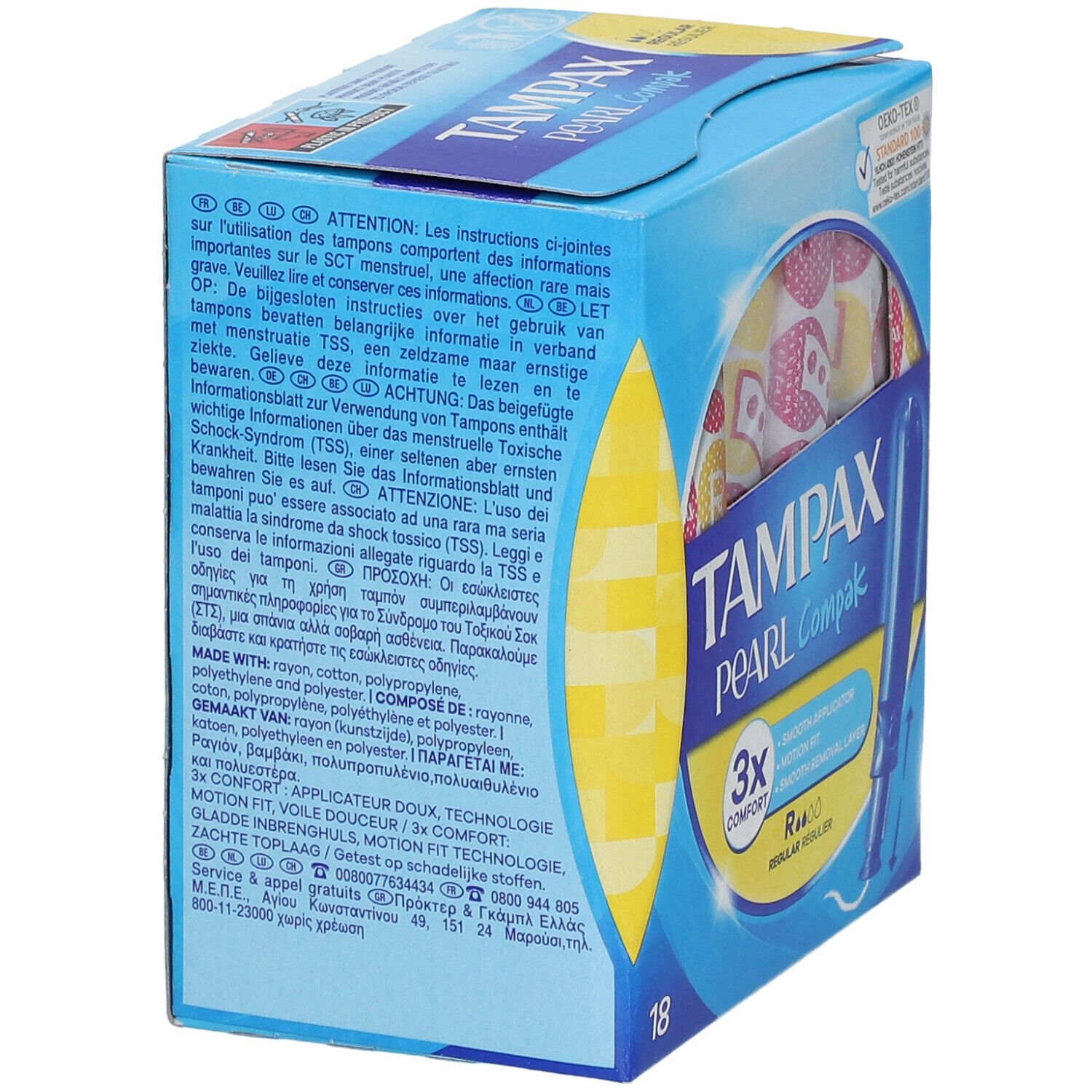 Vue latérale de la boîte Tampax Pearl Compak Regular. Contient du texte en plusieurs langues. Boîte bleue avec image du produit.