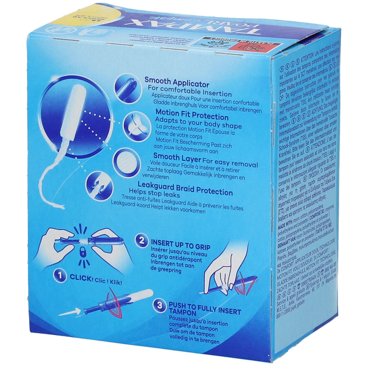 Dos de la boîte Tampax Pearl Compak Regular. Contient des instructions et des caractéristiques du produit. Emballage bleu.