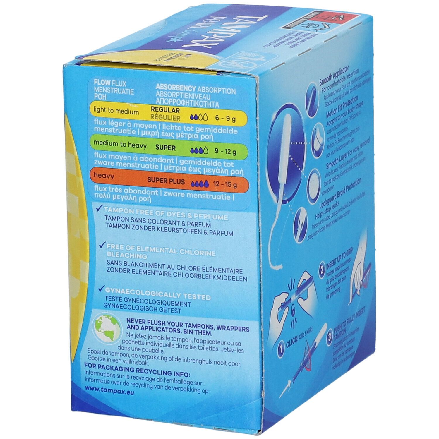 Dos de la boîte Tampax Pearl Compak Regular. Contient des informations sur l'absorption et les ingrédients. Emballage bleu.