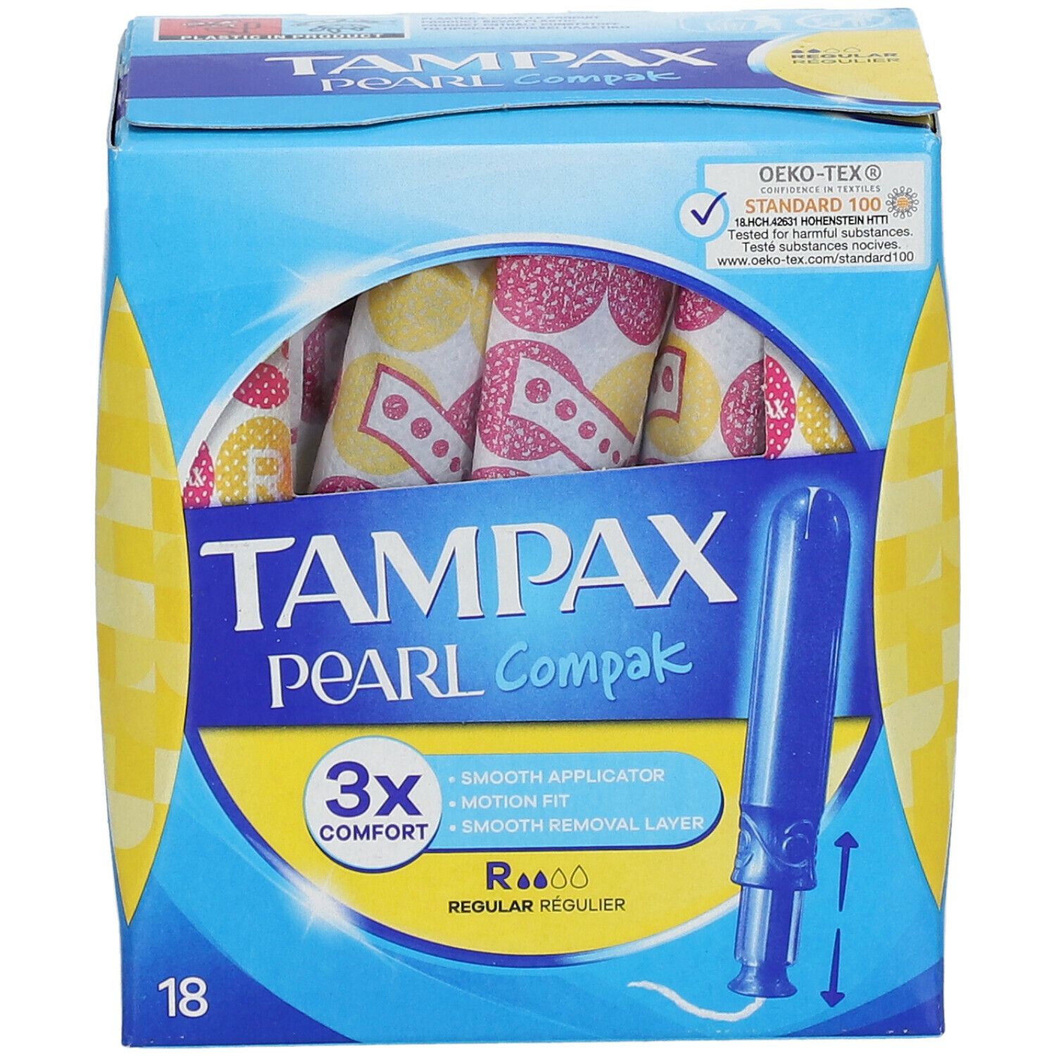 Boîte de Tampax Pearl Compak Regular. Contient 18 tampons. Certification Oeko-Tex. Boîte bleue avec image du produit.