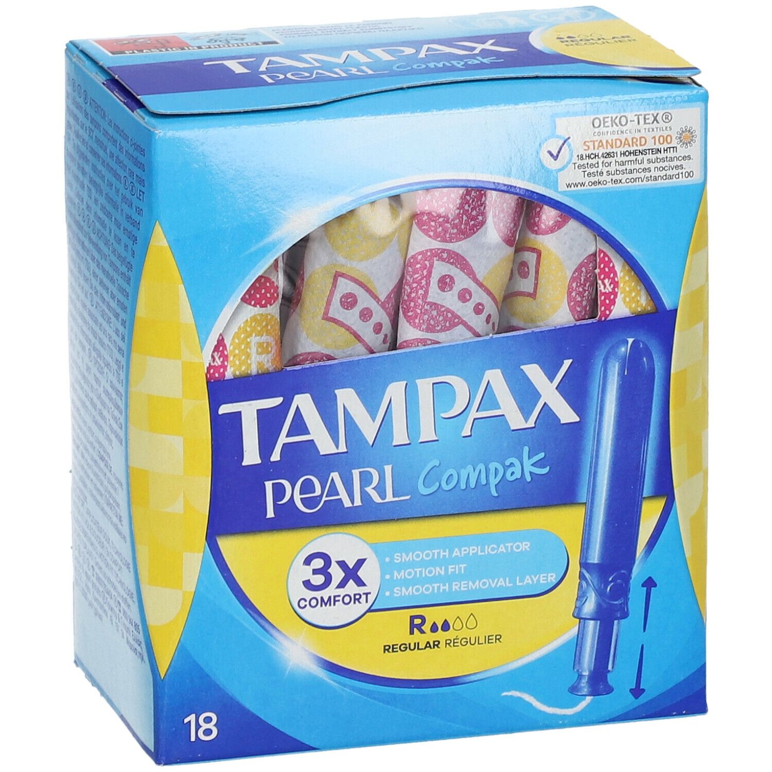 Boîte de Tampax Pearl Compak Regular. Contient 18 tampons. Boîte bleue avec image du produit et nom du produit.
