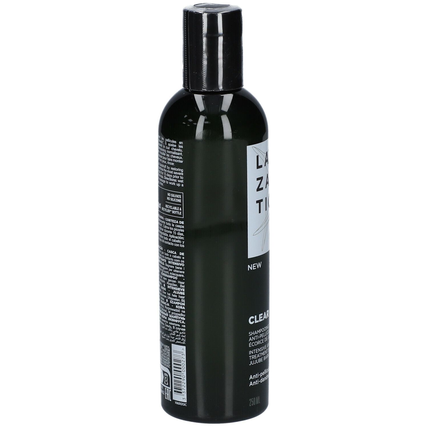 Grüne Flasche mit schwarzem Deckel. Text auf der Rückseite. Barcode.