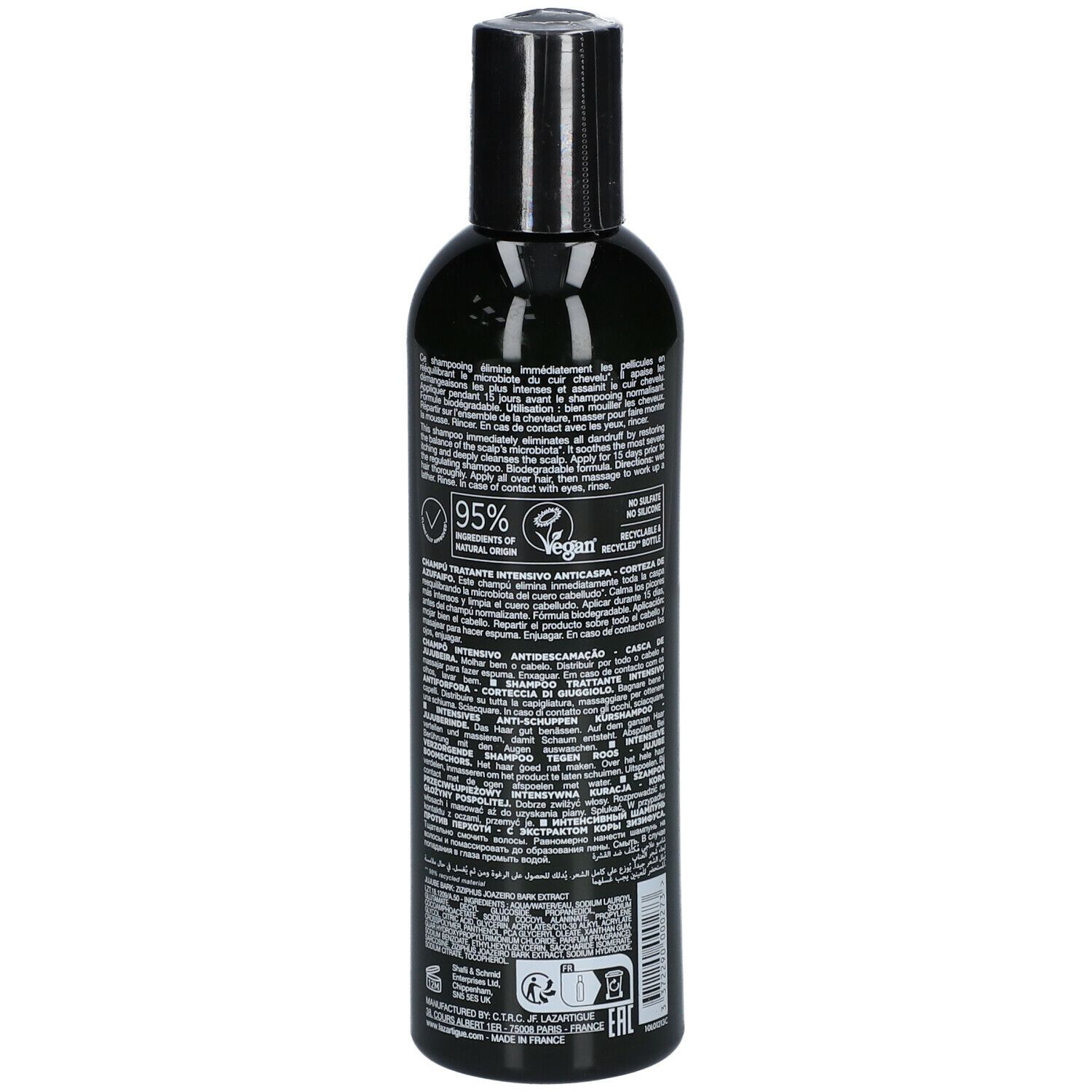 Rückseite der grünen Flasche. Text, Logo, Zertifizierungen.