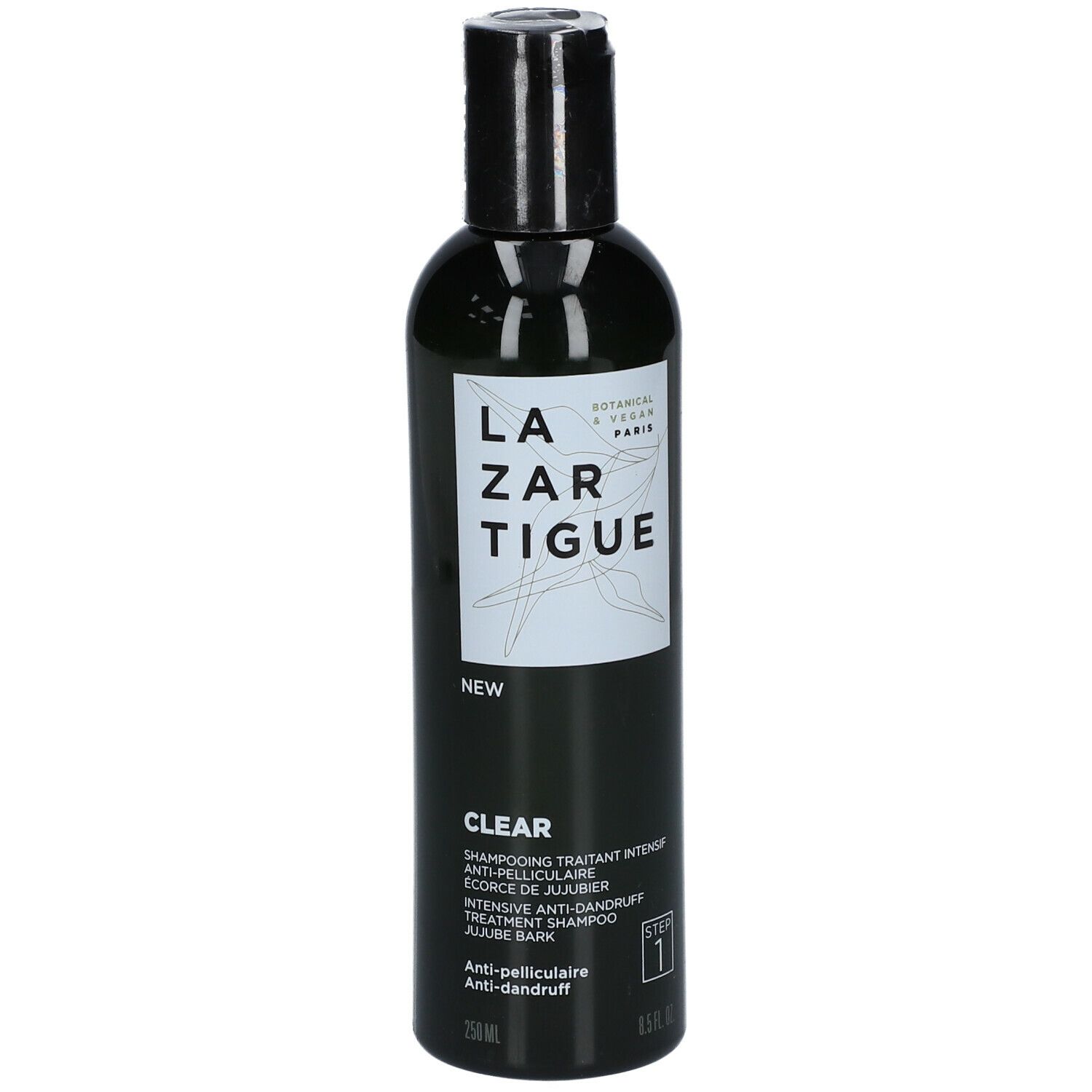 Grüne Flasche mit schwarzem Deckel. Aufschrift: LAZARTIGUE, CLEAR, Anti-Schuppen Shampoo.