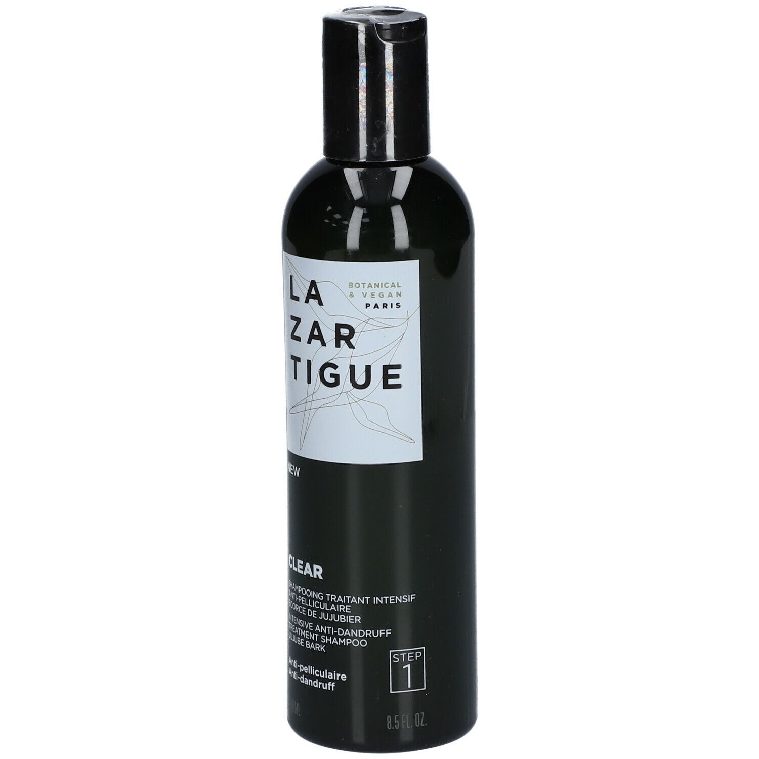 Grüne Flasche mit schwarzem Deckel. Aufschrift: LAZARTIGUE, CLEAR, Anti-Schuppen Shampoo.