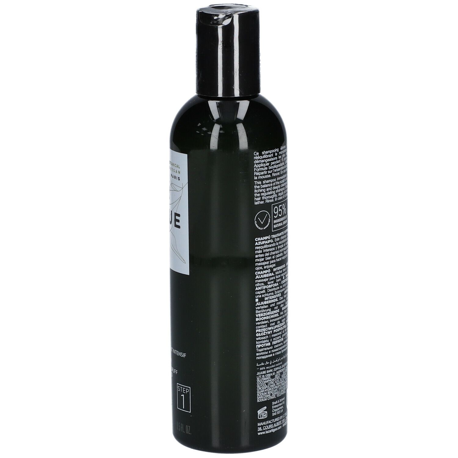 Grüne Flasche mit schwarzem Deckel. Text und Logo auf der Flasche.