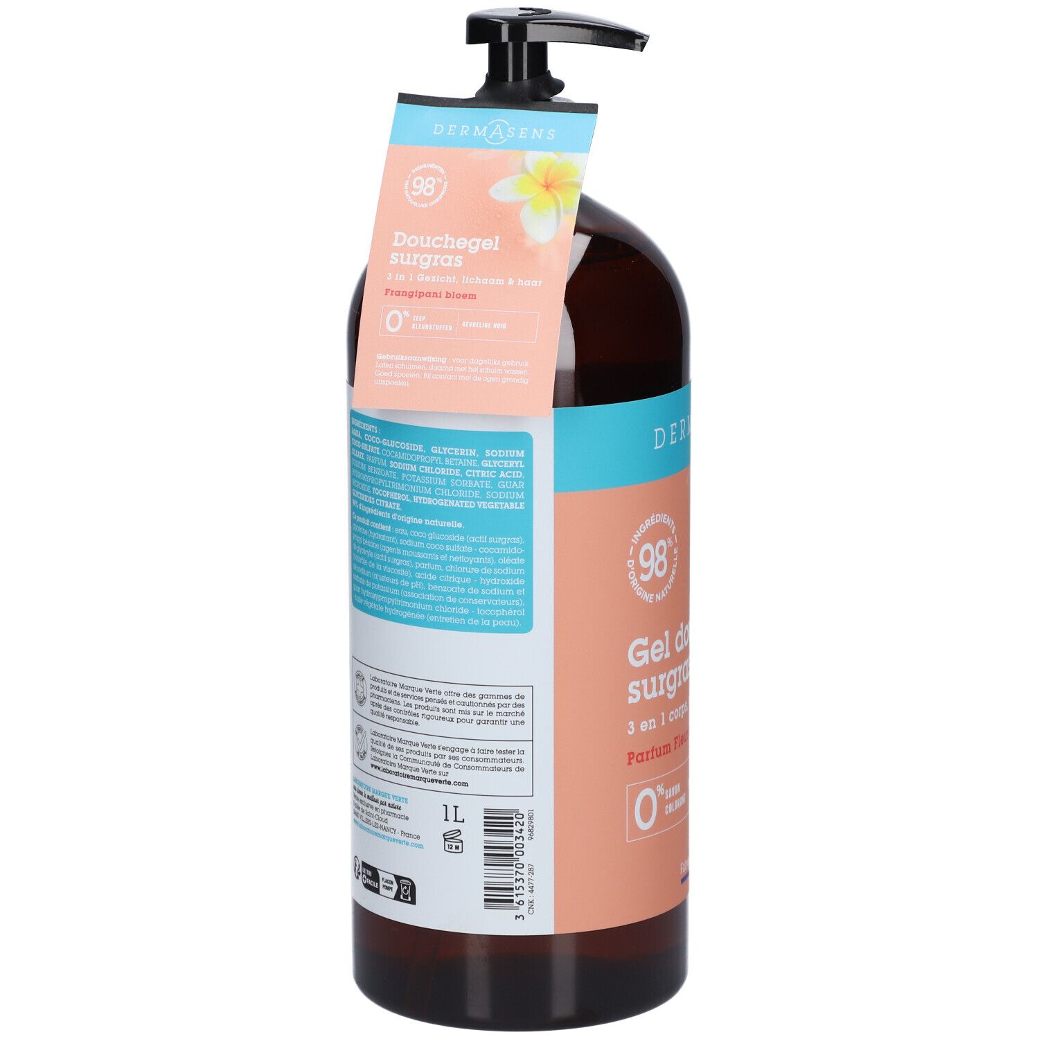 Flacon marron avec pompe noire. Dos avec texte et étiquette. Texte: DermAsens, Gel douche surgras, 1L.