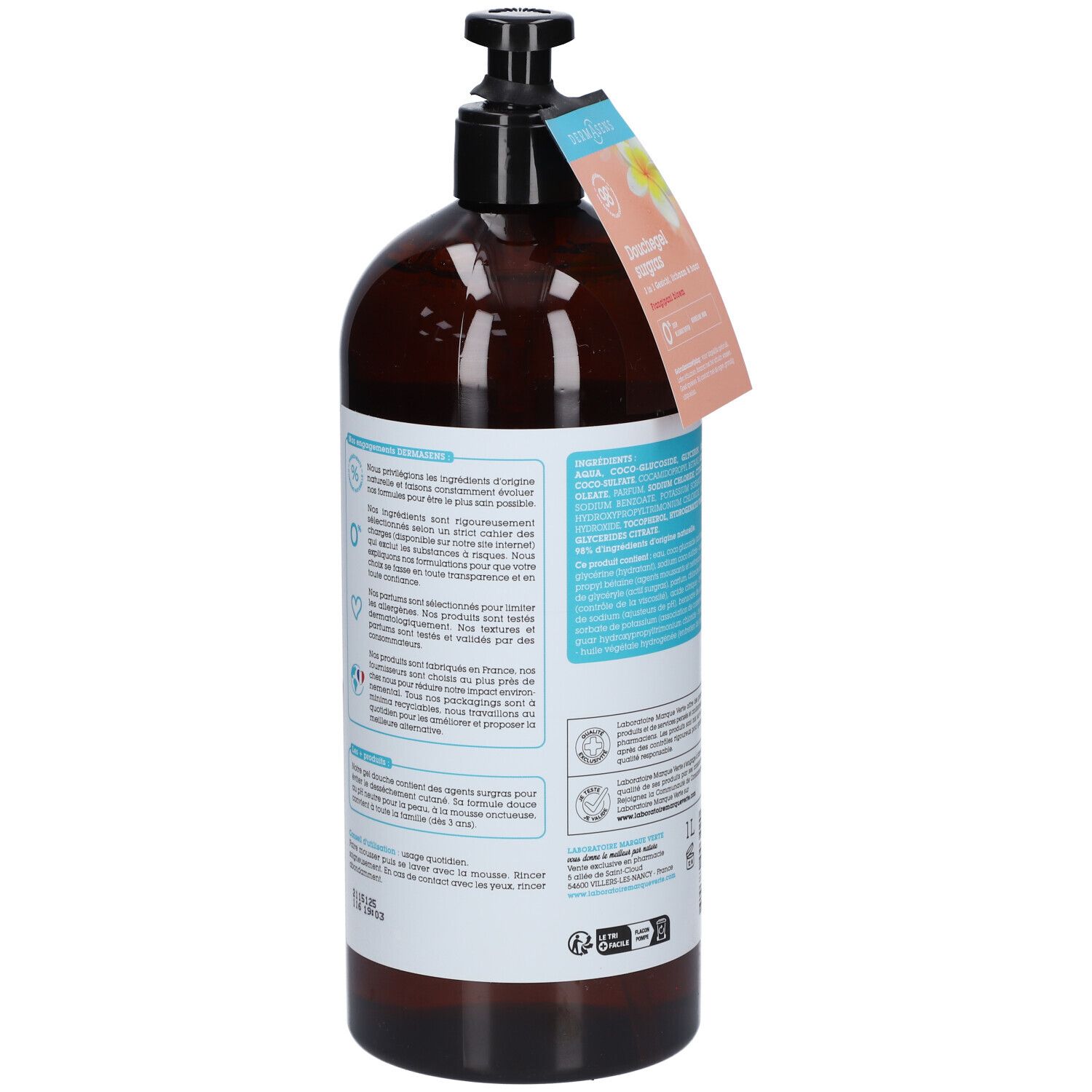 Flacon marron avec pompe noire. Dos avec texte et étiquette. Texte: DermAsens, ingrédients, 1L.