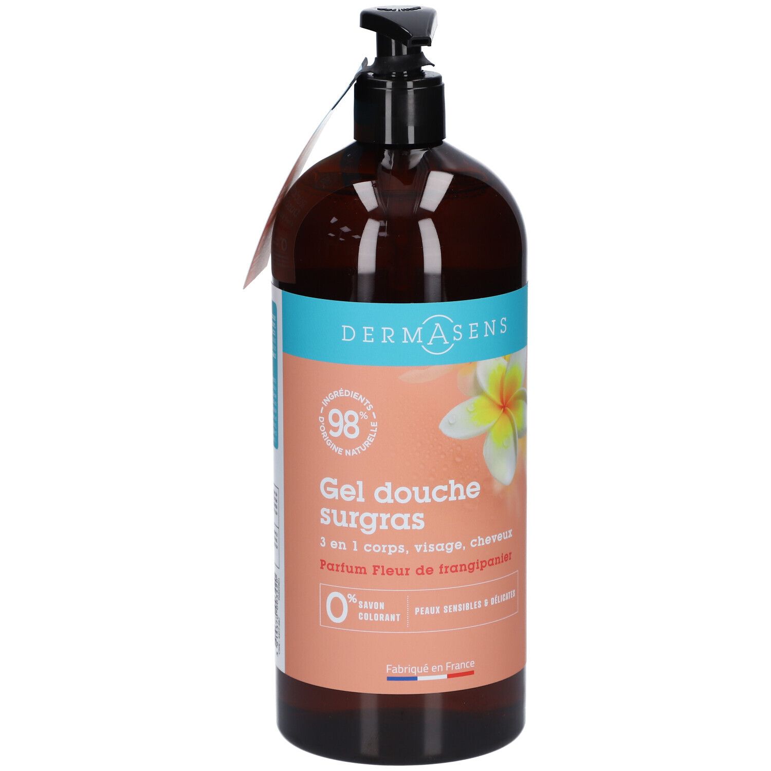 Flacon marron avec pompe noire. Étiquette avec informations produit et logo. Texte: DermAsens, Gel douche surgras.