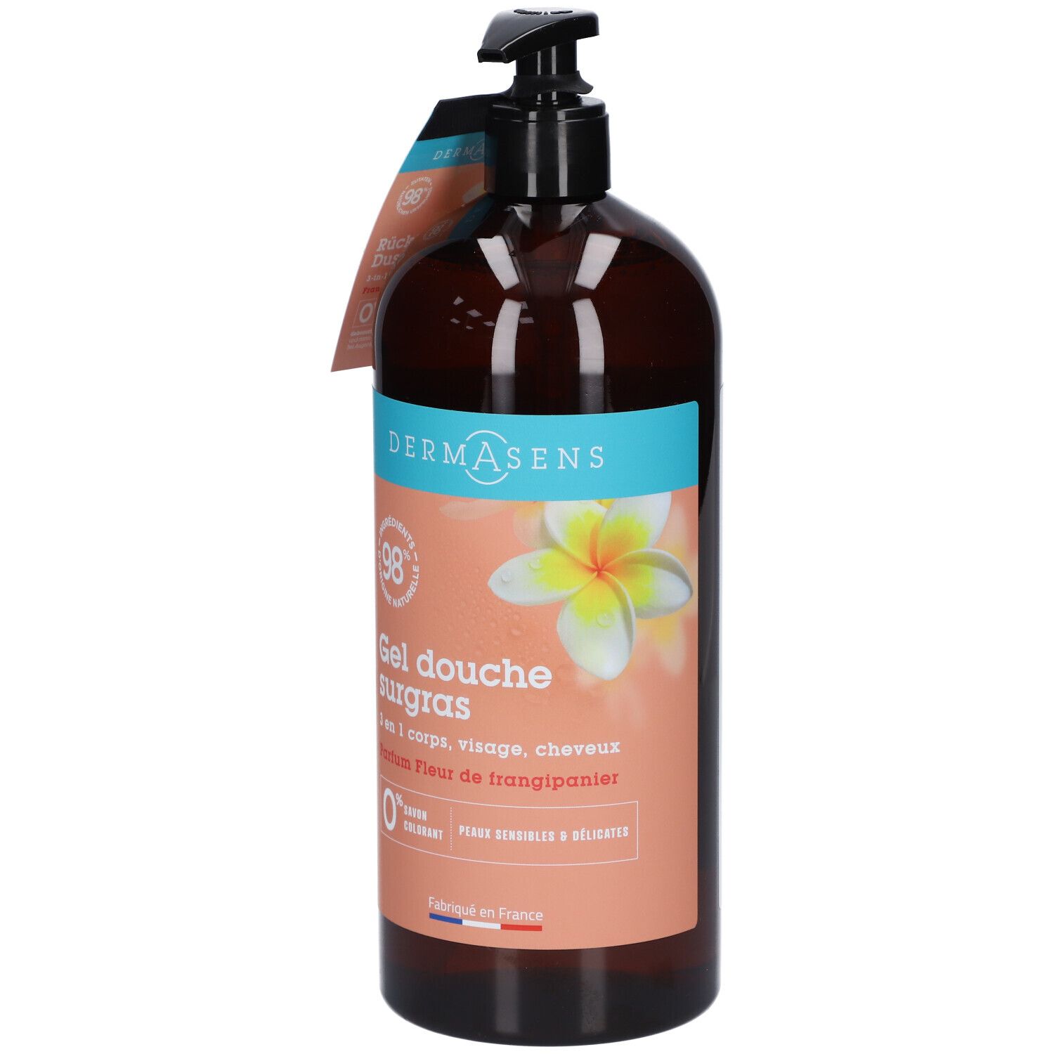 Flacon marron avec pompe noire. Étiquette avec informations produit et logo. Texte: DermAsens, Gel douche surgras.