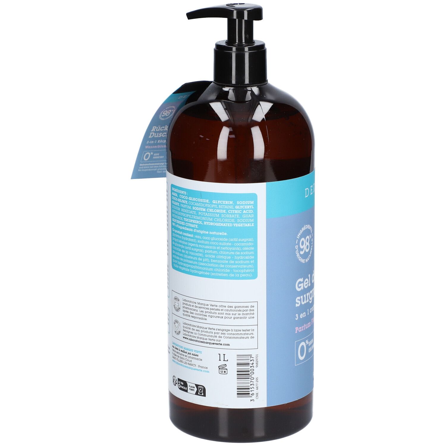 Flacon marron avec pompe noire. Étiquette avec informations produit et ingrédients. Étiquette avec texte.