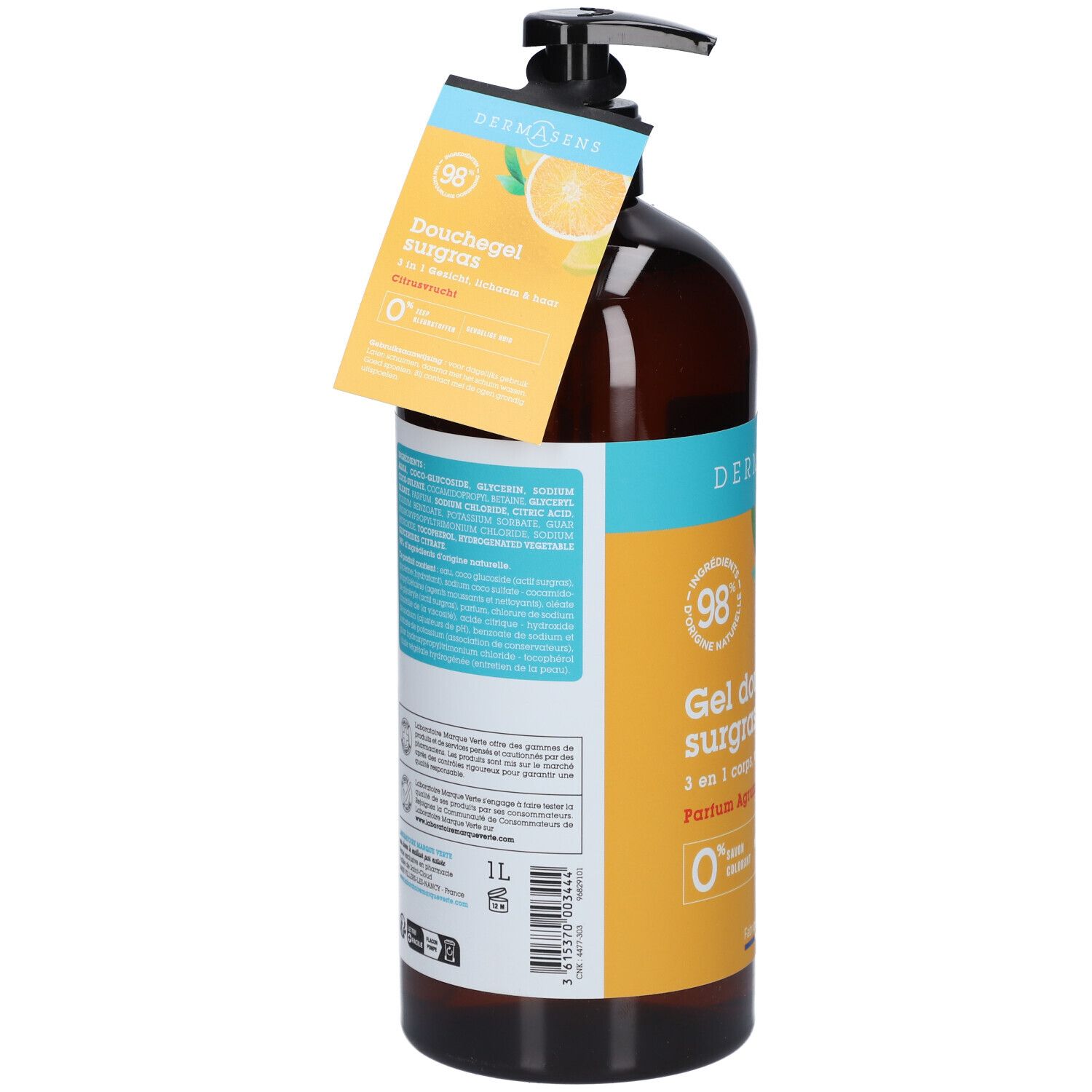 Braune Flasche mit schwarzem Pumpverschluss. Etikett mit Produktinformationen. Rückseite mit Inhaltsstoffen und Herstellerangaben.