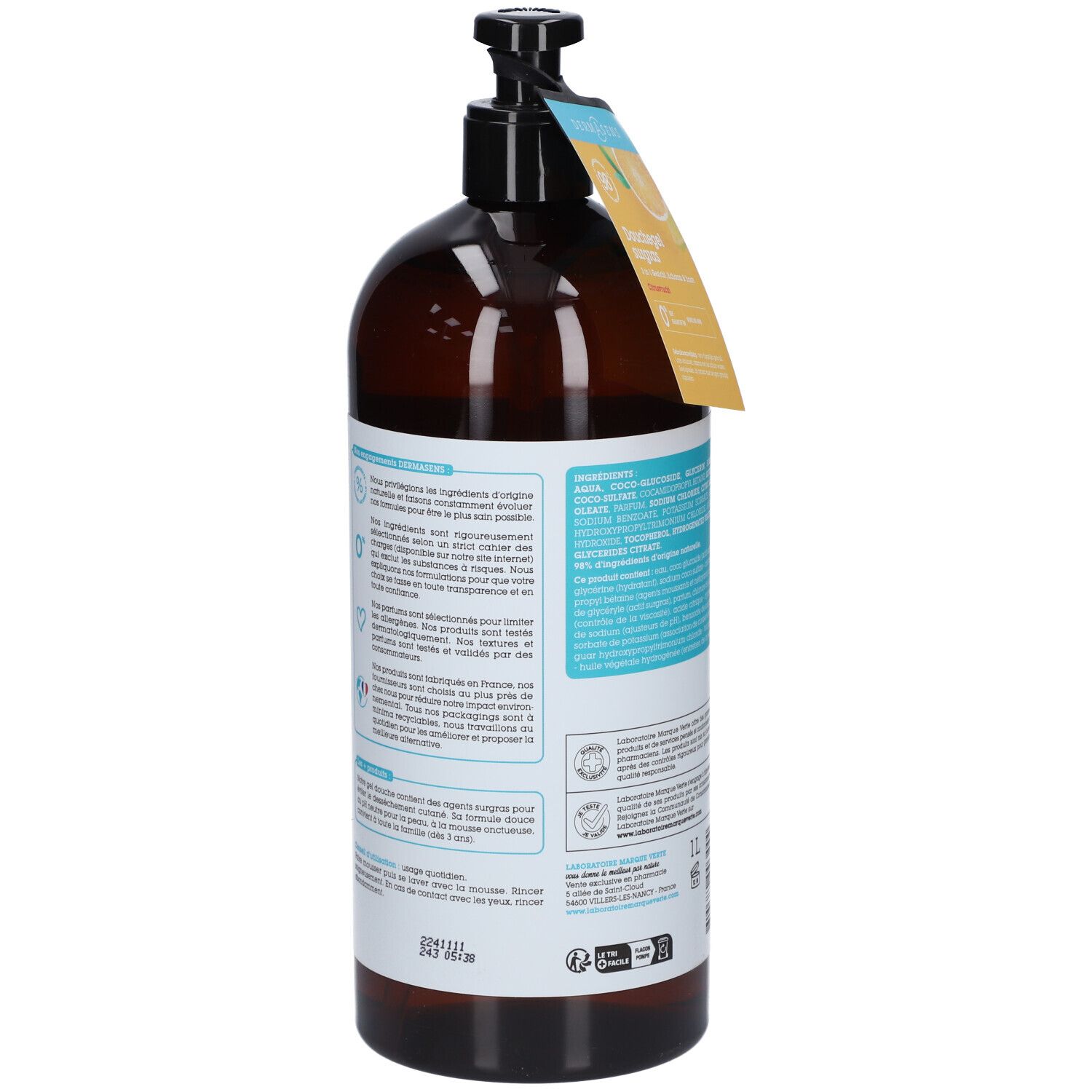 Rückansicht einer braunen Flasche mit schwarzem Pumpverschluss. Text auf Etikett mit Inhaltsstoffen und Herstellerinformationen.