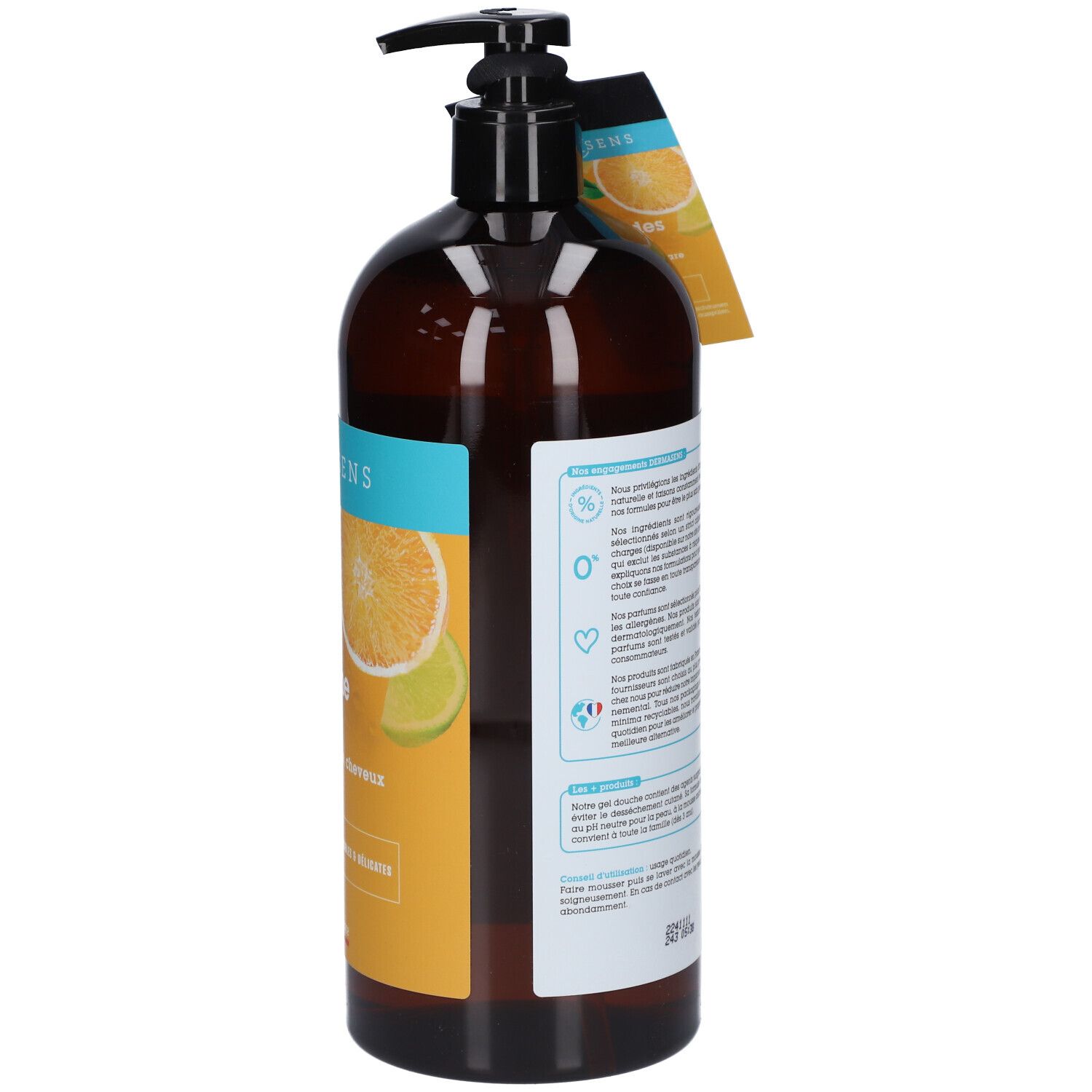 Rückansicht einer braunen Flasche mit schwarzem Pumpverschluss. Etikett mit Produktinformationen und Herstellerangaben.
