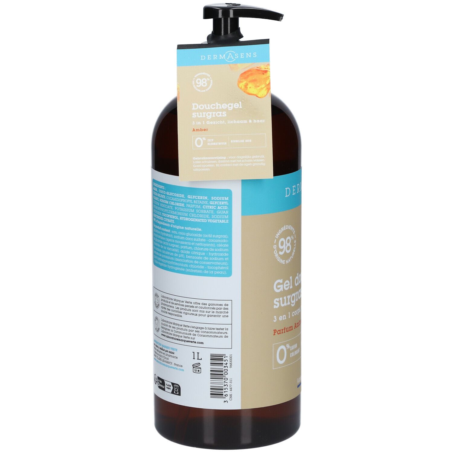 Flacon marron avec étiquettes. Autocollant avec informations produit. Étiquette avec nom du produit. Marque 1L.
