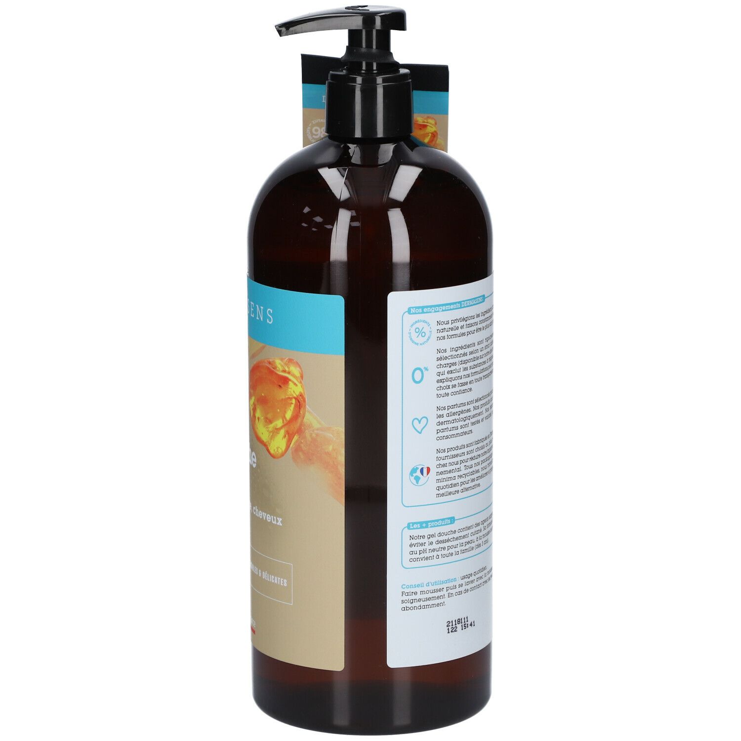 Flacon marron avec pompe noire. Dos avec informations produit. Étiquette avec nom du produit.