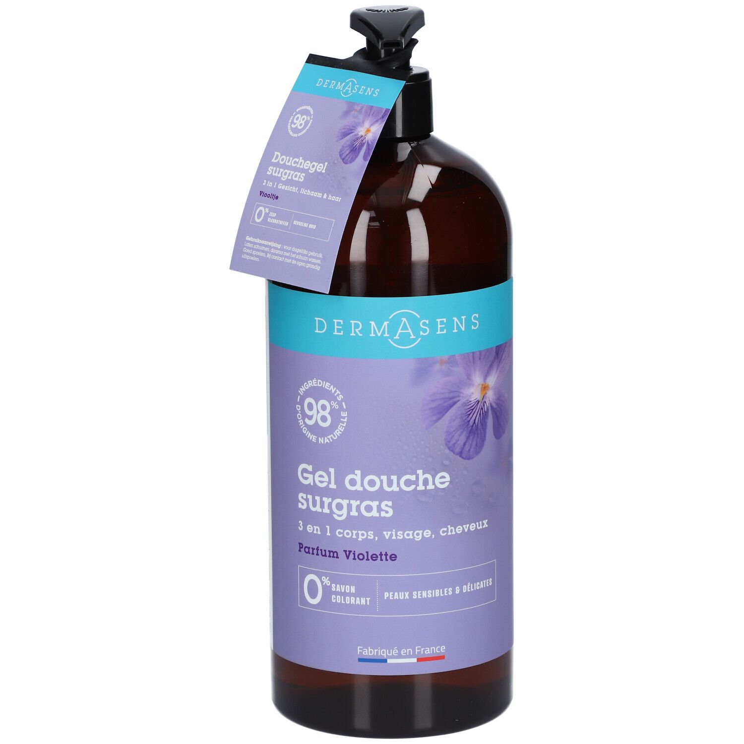 Bruine fles met zwarte pomp en etiket. Op het etiket staat "DermAsens Gel douche surgras Violette".