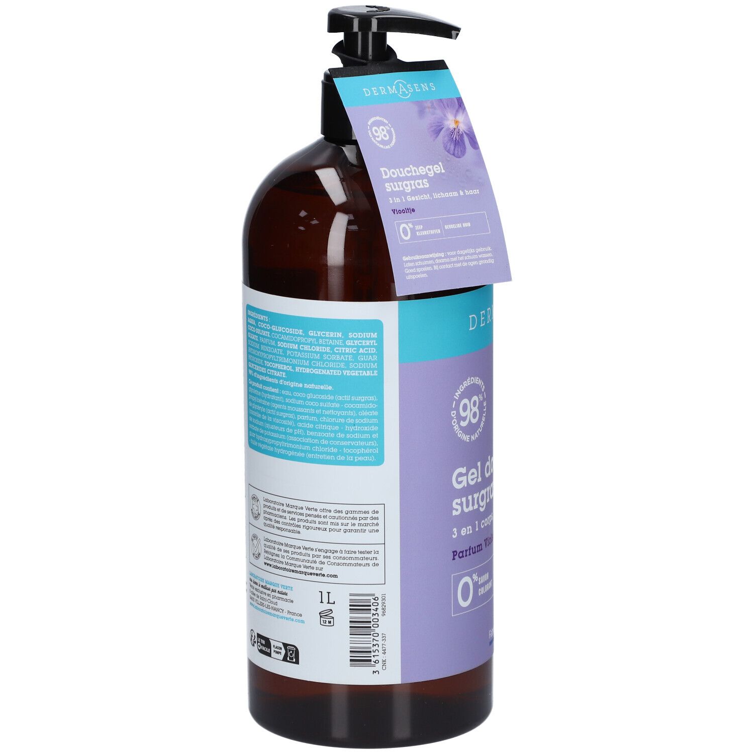 Bruine fles met zwarte pomp. Etiket op de achterkant met ingrediënten en informatie. "DermAsens" is zichtbaar.