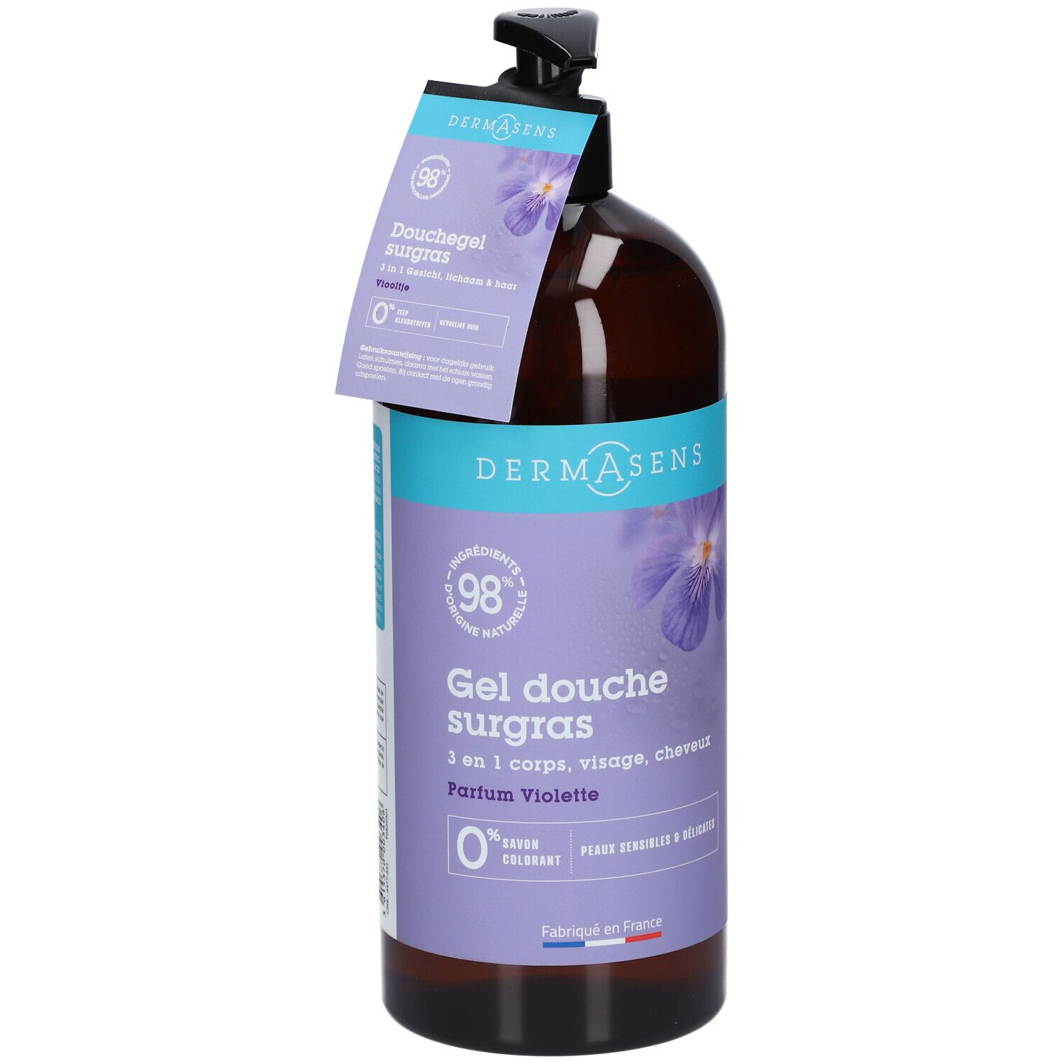 Bruine fles met zwarte pomp en etiket. Op het etiket staat "DermAsens Gel douche surgras Violette".