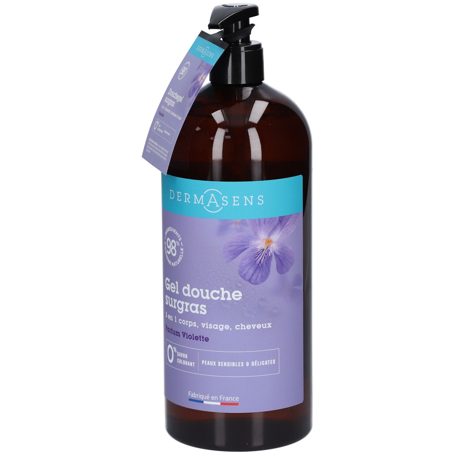 Bruine fles met zwarte pomp en etiket. Op het etiket staat "DermAsens Gel douche surgras Violette".