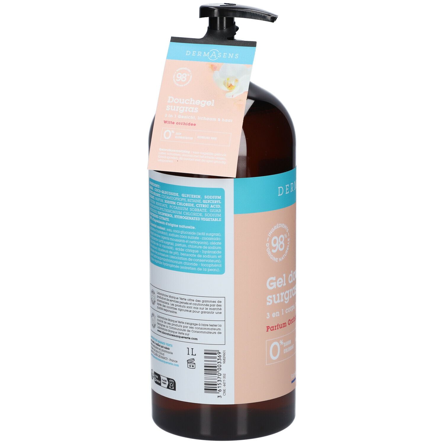 Dos du flacon marron avec informations produit et ingrédients. Pompe noire.