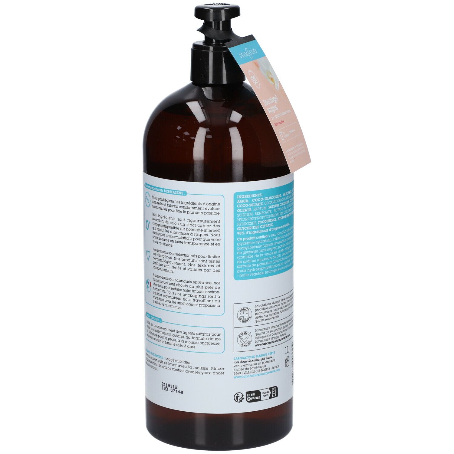 Vue arrière du flacon marron avec informations produit et ingrédients. Pompe noire.