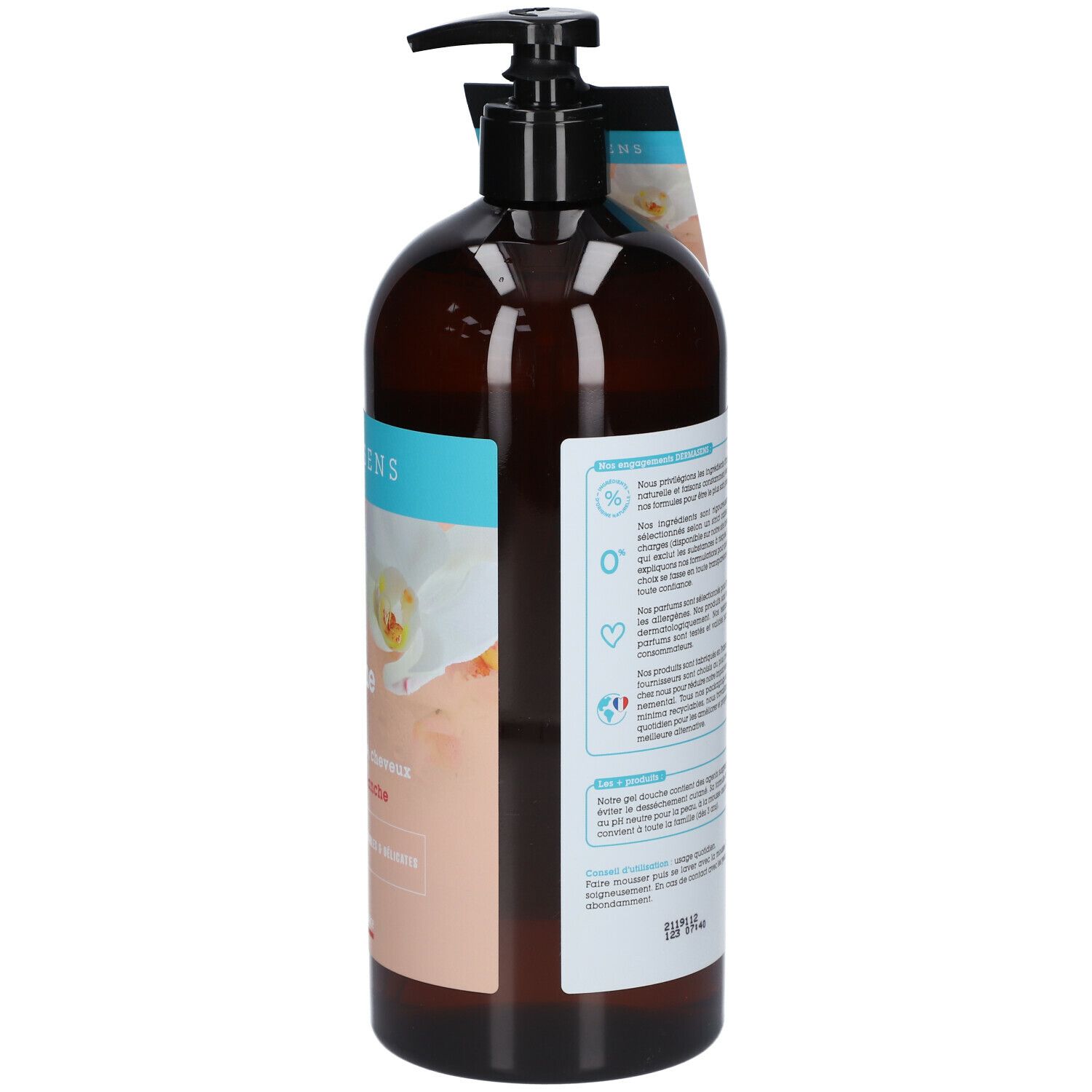 Dos du flacon marron avec informations produit et ingrédients. Pompe noire.