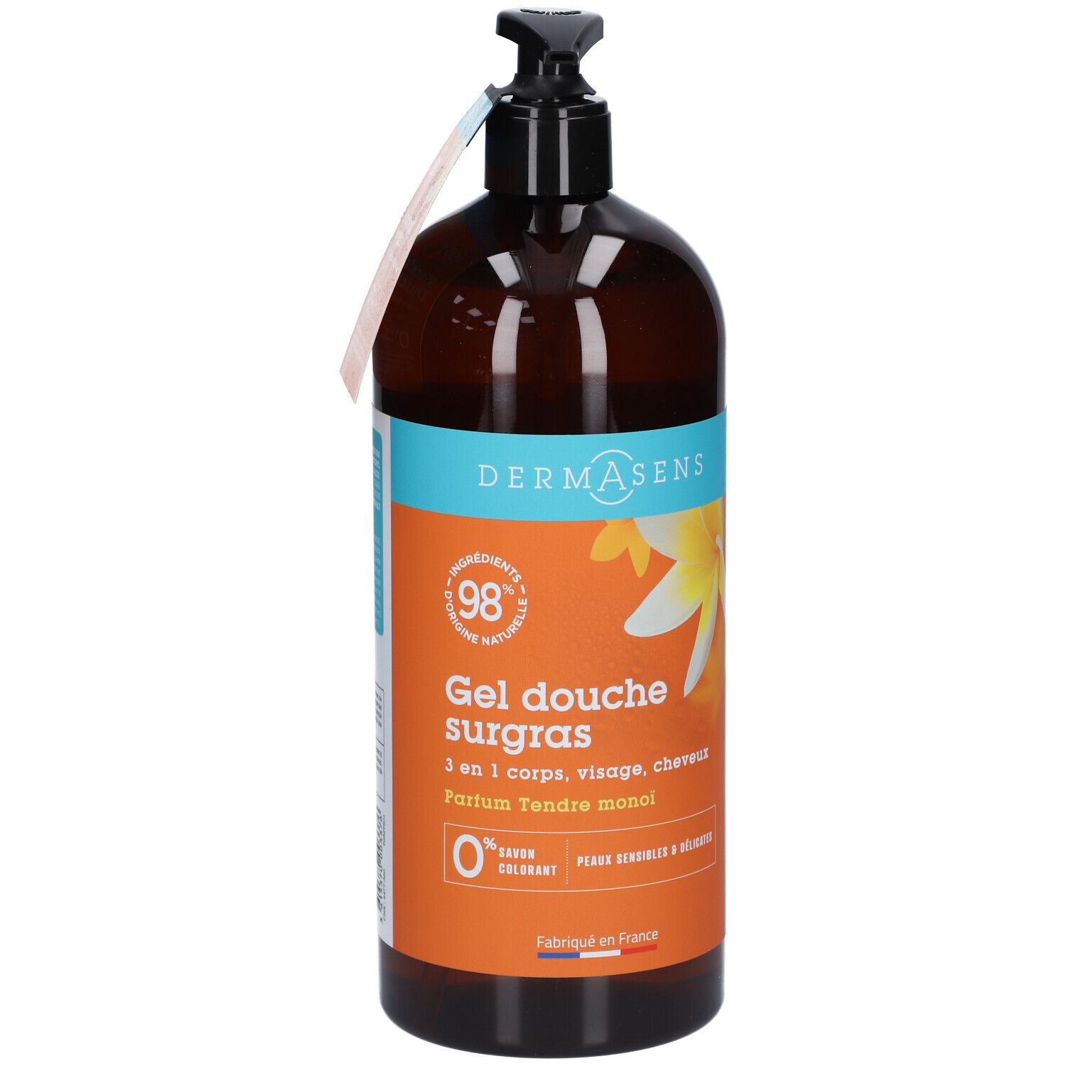 Flacon marron avec pompe noire. Étiquette avec nom du produit et logo. 98% ingrédients d'origine naturelle.