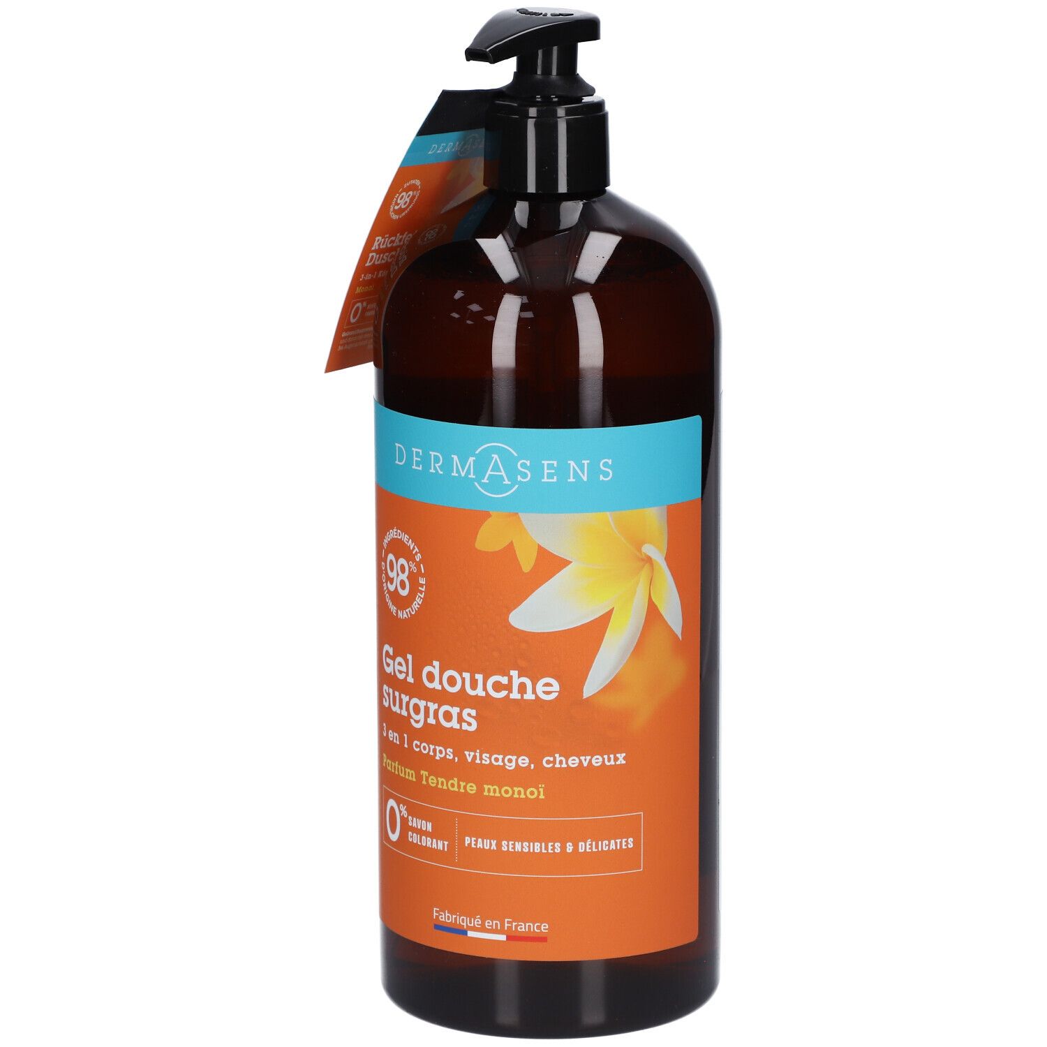 Flacon marron avec pompe noire. Étiquette avec nom du produit et logo. 98% ingrédients d'origine naturelle.