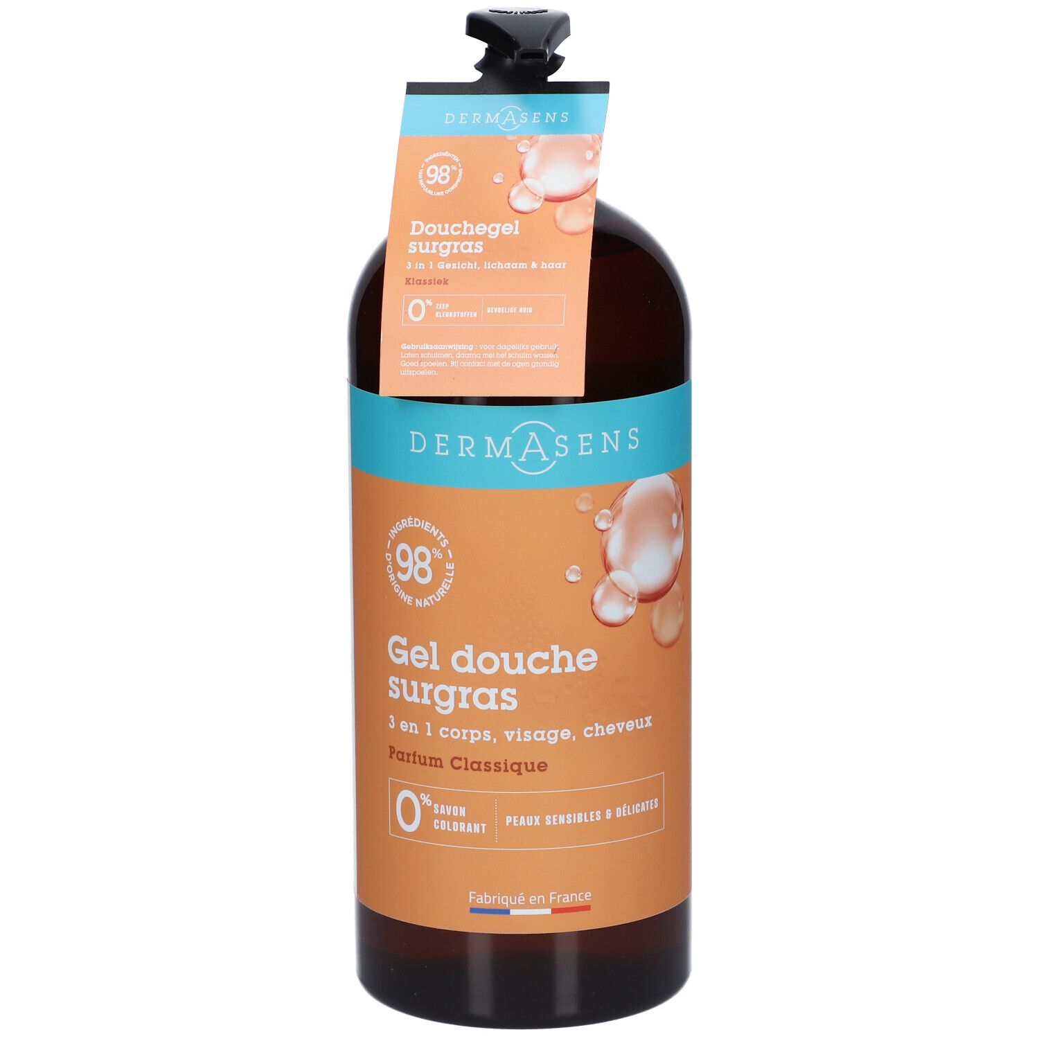 Flacon marron avec pompe noire et étiquette. L'étiquette indique "DermAsens Gel Douche Surgras".