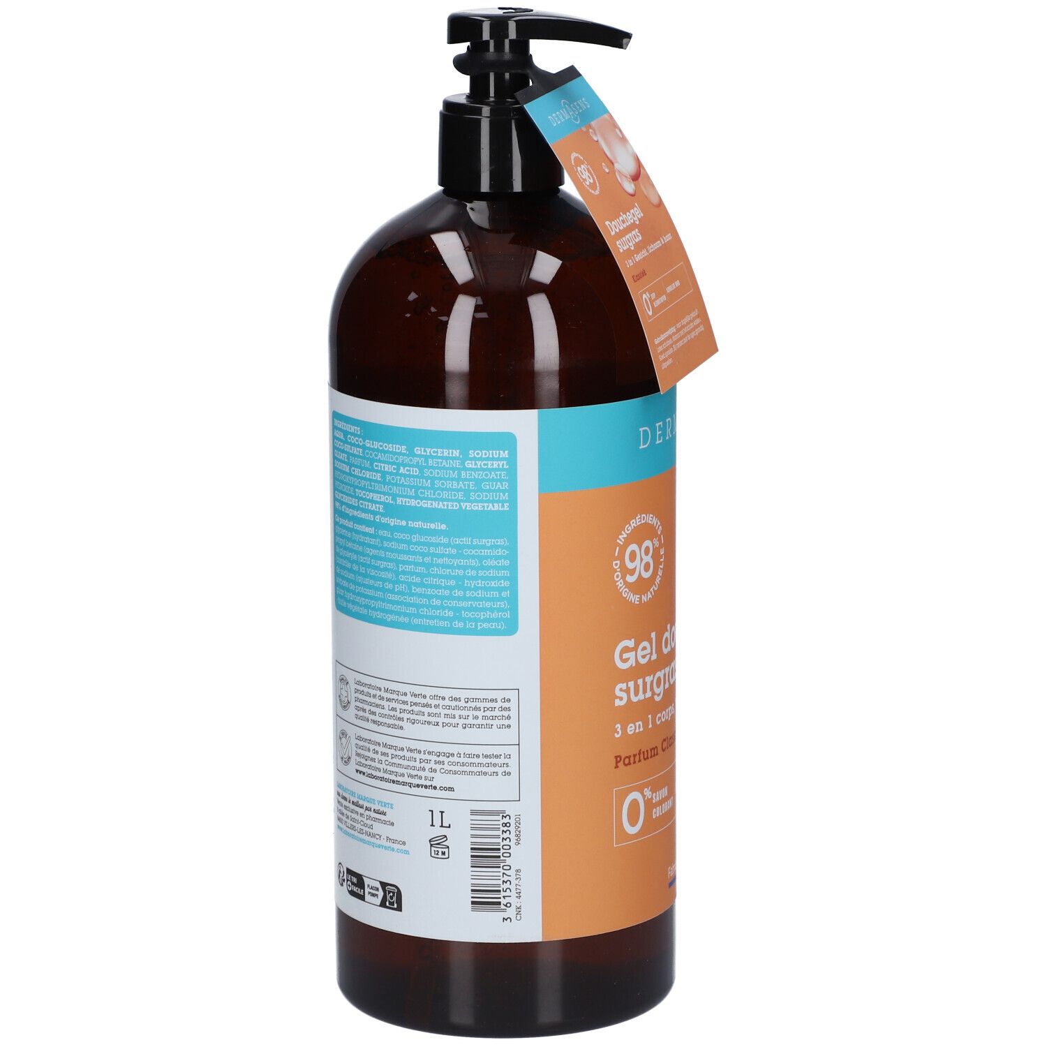 Flacon marron avec pompe noire. Étiquette au dos avec texte. L'étiquette indique "DermAsens Gel Douche Surgras".
