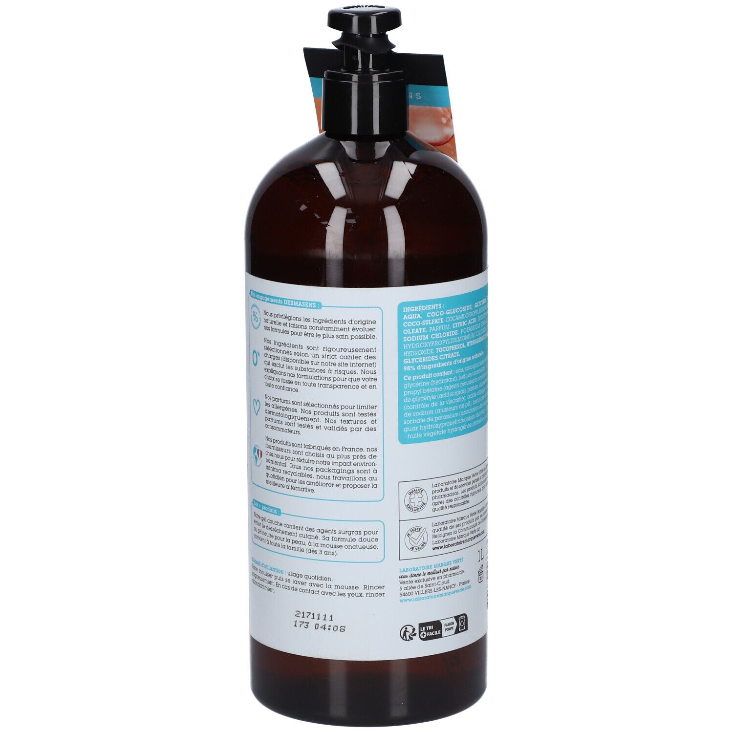 Flacon marron avec pompe noire. Dos avec étiquette et texte. L'étiquette indique "DermAsens Gel Douche Surgras".