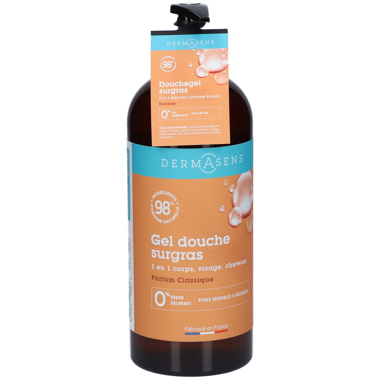 Flacon marron avec pompe noire et étiquette. L'étiquette indique "DermAsens Gel Douche Surgras".