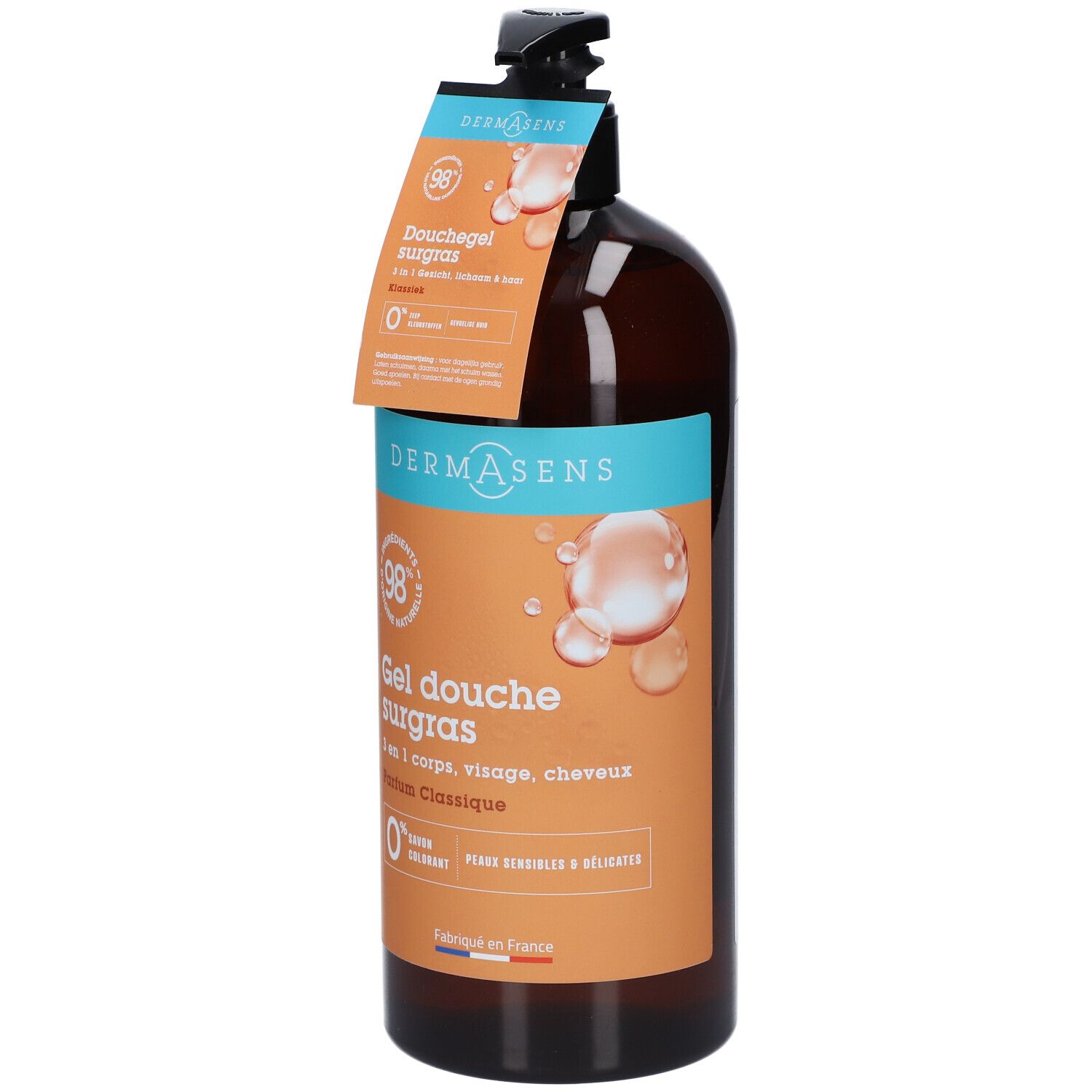 Flacon marron avec pompe noire et étiquette. L'étiquette indique "DermAsens Gel Douche Surgras".