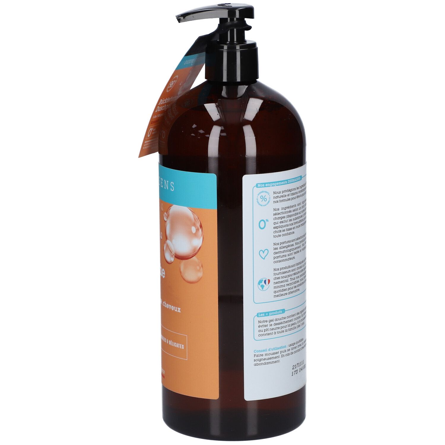 Flacon marron avec pompe noire. Étiquette au dos avec texte. L'étiquette indique "DermAsens Gel Douche Surgras".