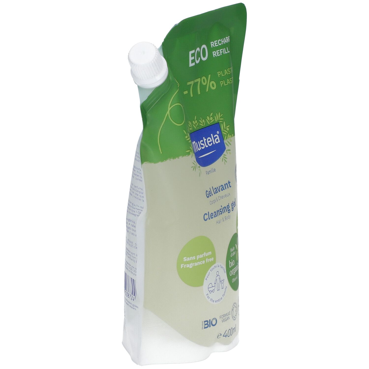 Nachfüllbeutel, seitliche Ansicht. Grüner Deckel. Aufschrift: Mustela, Gel lavant, Cleansing gel. Bio-Zertifizierung.