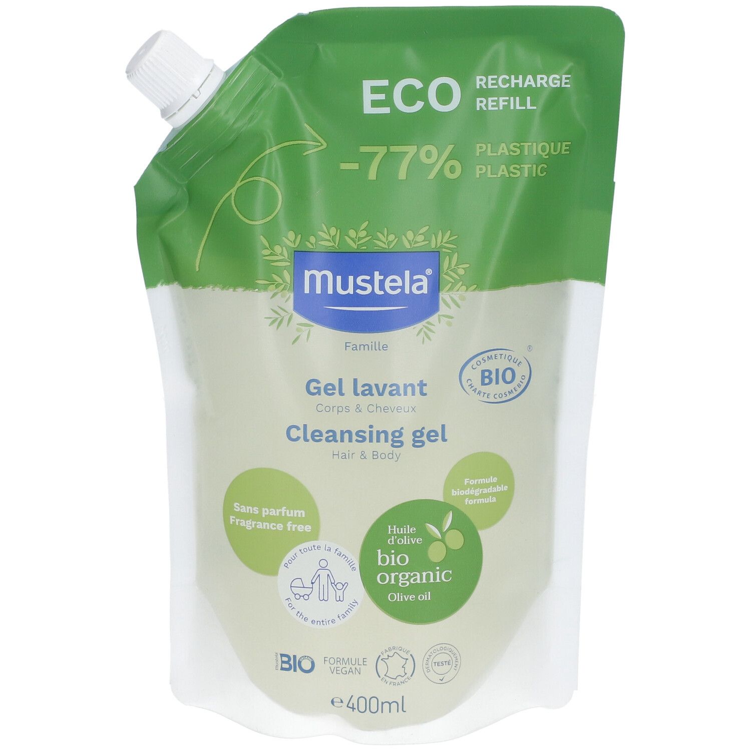 Nachfüllbeutel mit grünem Deckel. Aufschrift: Mustela, Gel lavant, Cleansing gel. Bio-Zertifizierung. Ohne Parfüm.