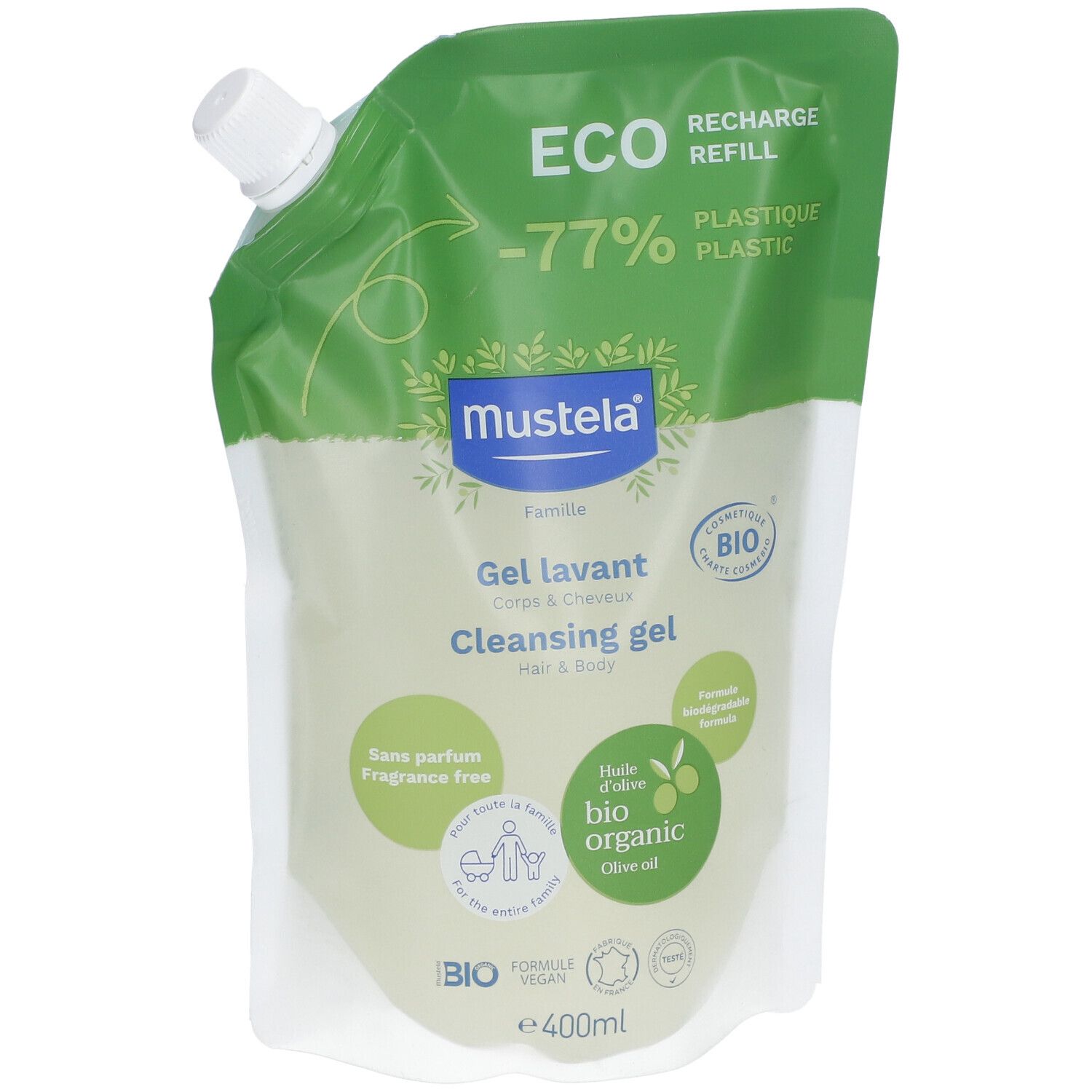 Nachfüllbeutel mit grünem Deckel. Aufschrift: Mustela, Gel lavant, Cleansing gel. Bio-Zertifizierung. Ohne Parfüm.