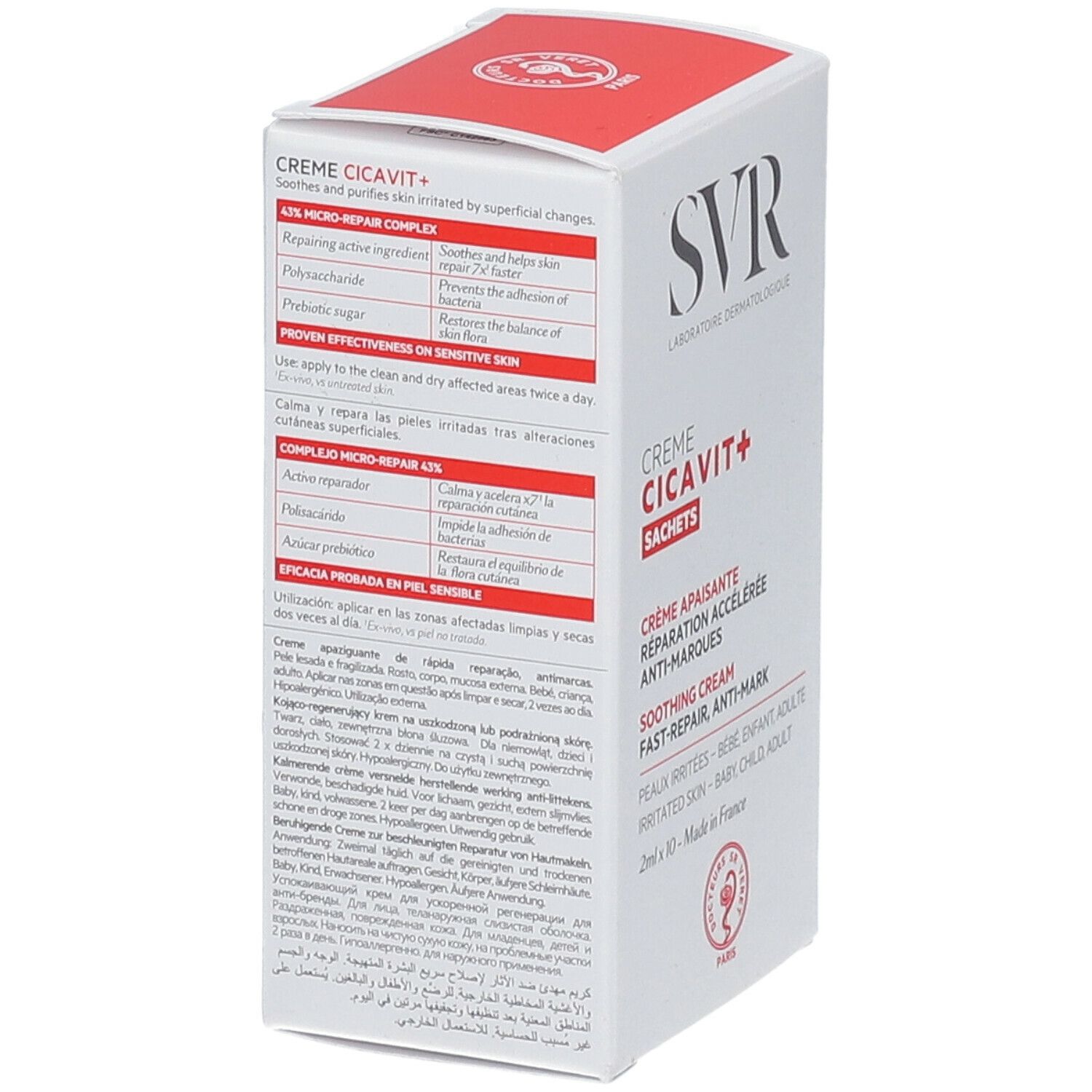 Rückseite der SVR-Verpackung mit Creme CICAVIT+ Sachets. Enthält Informationen zu Inhaltsstoffen und Anwendung.