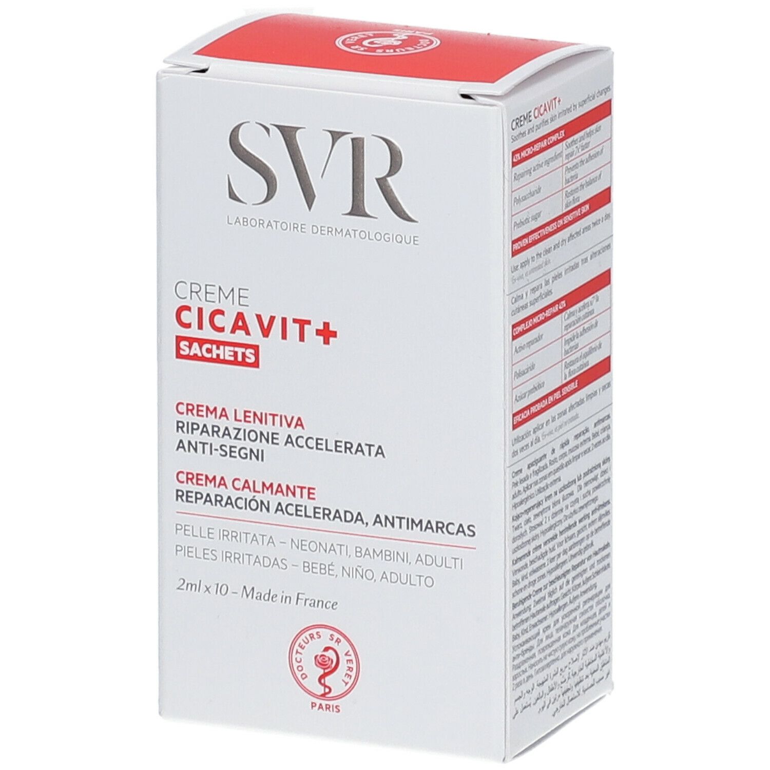 Rückseite der SVR-Verpackung mit Creme CICAVIT+ Sachets. Enthält Informationen zu Inhaltsstoffen und Anwendung.