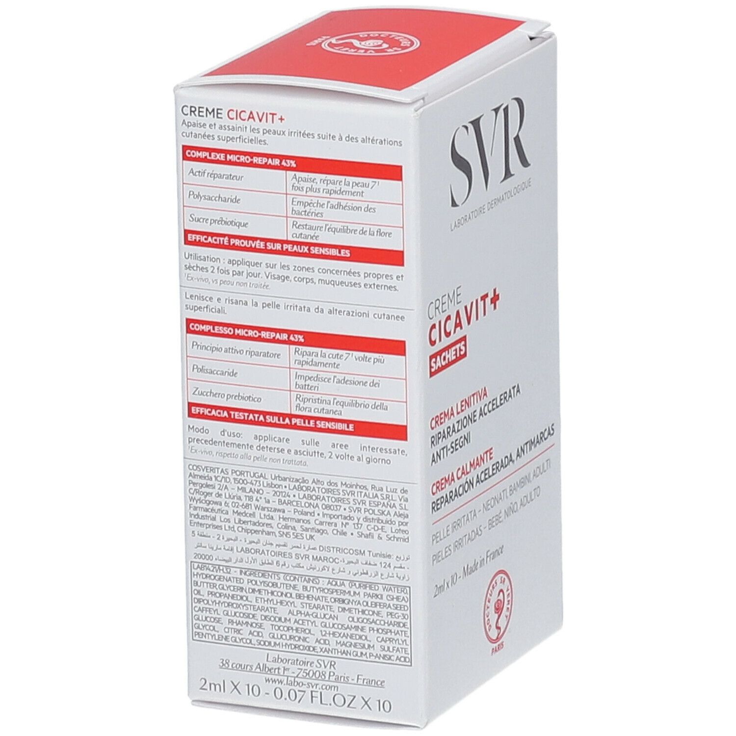 Rückseite der SVR-Verpackung mit Creme CICAVIT+ Sachets. Enthält Informationen zu Inhaltsstoffen und Anwendung.