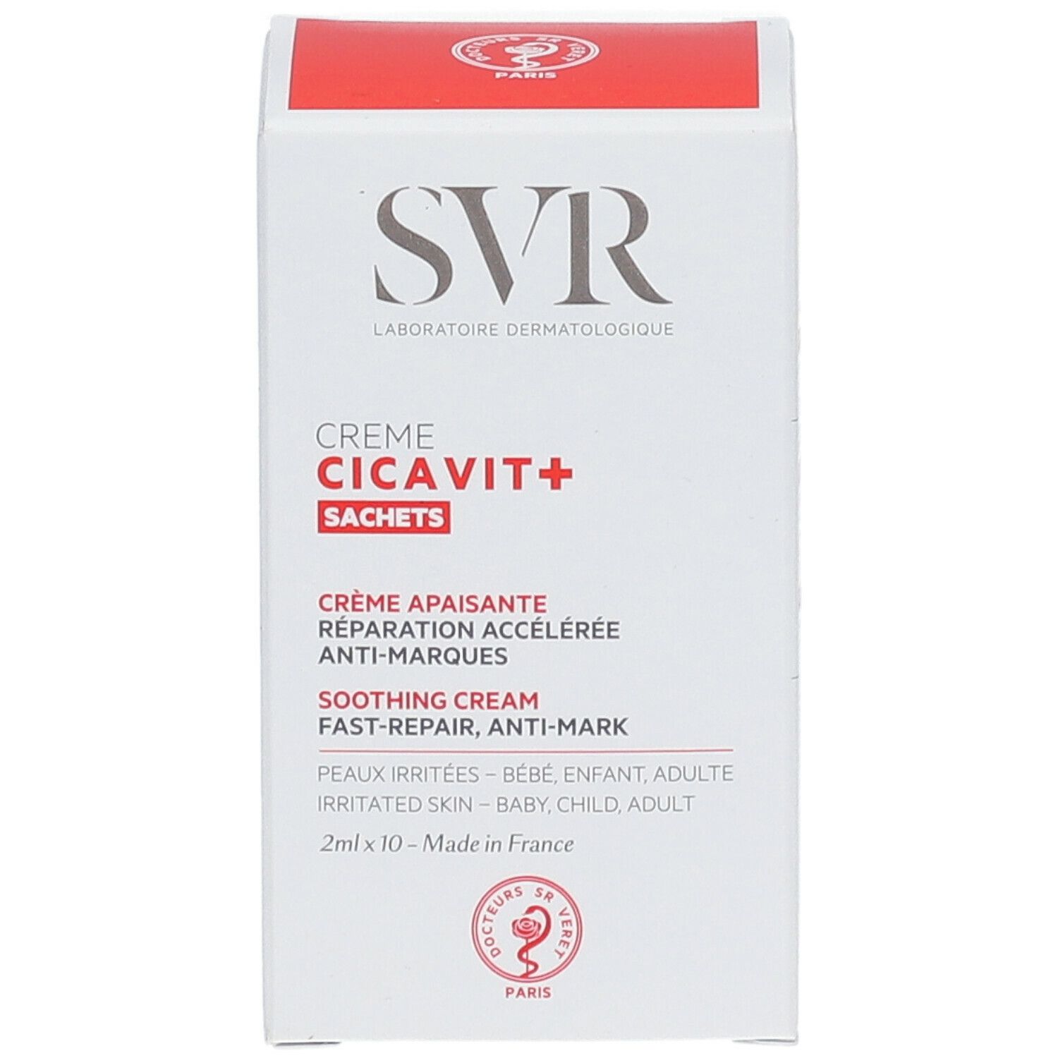 SVR-Verpackung mit Creme CICAVIT+ Sachets. Weiß mit roter Schrift. Enthält 10 Sachets.