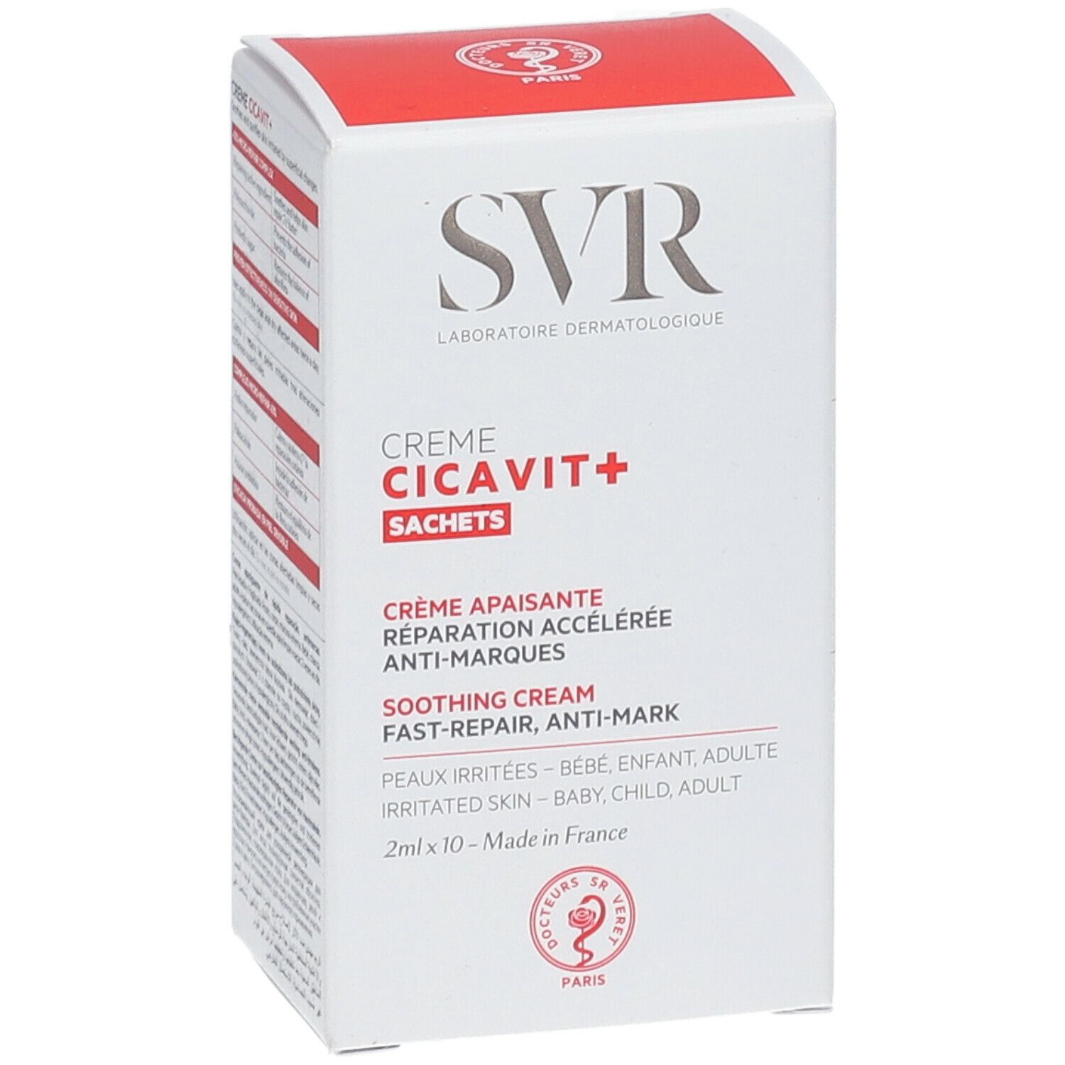 SVR-Verpackung mit Creme CICAVIT+ Sachets. Weiß mit roter Schrift. Enthält 10 Sachets.