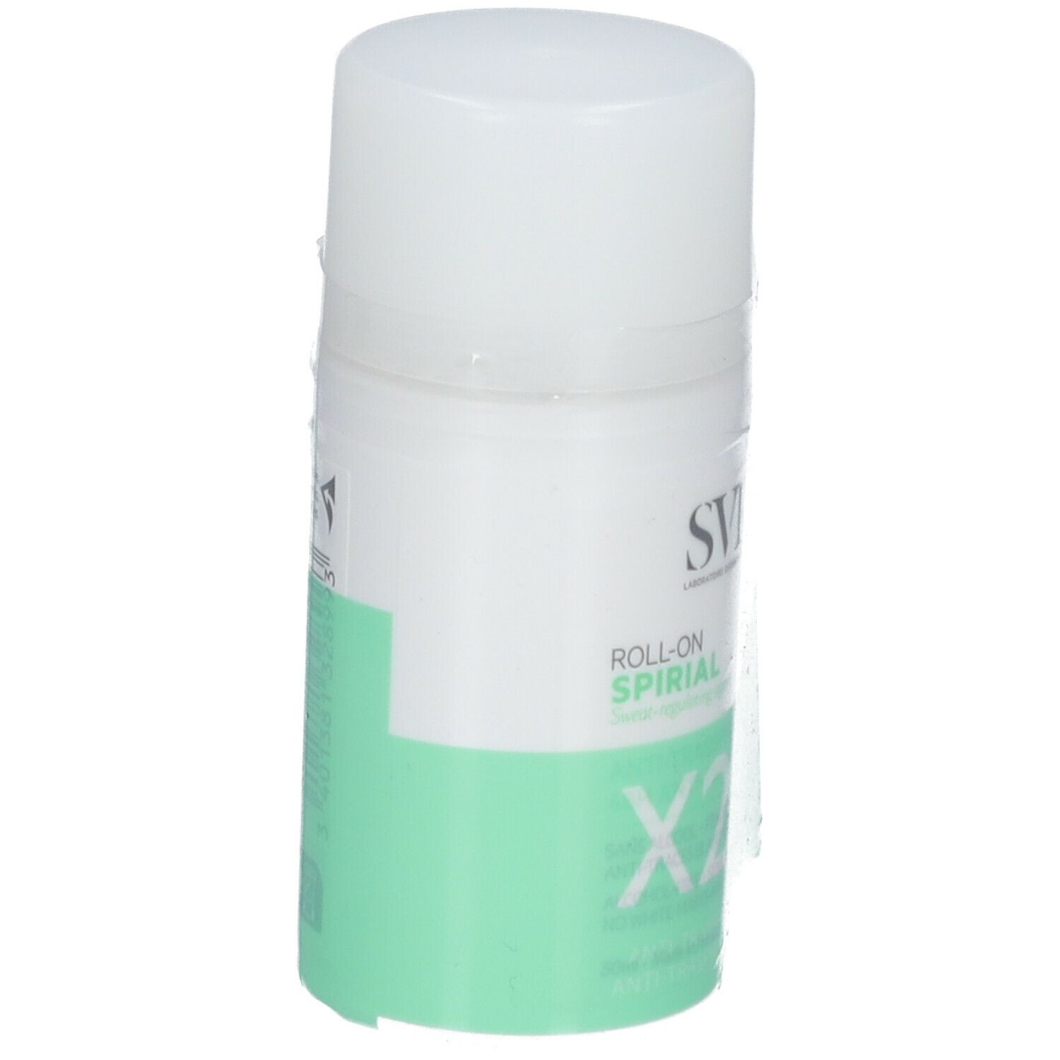 Roll-on déodorant blanc avec bande verte. Inscription : SVR, Spirial. Emballé individuellement.