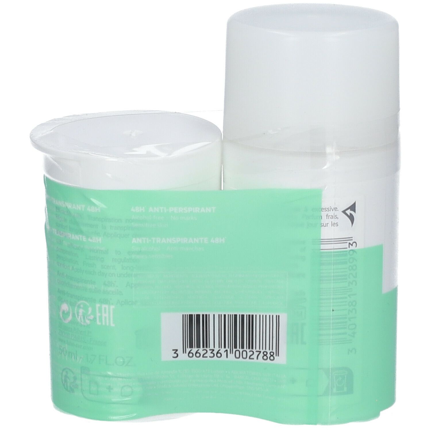 Deux roll-on avec emballage vert. Inscription : SVR, Spirial. Code-barres et texte au dos. Emballé.
