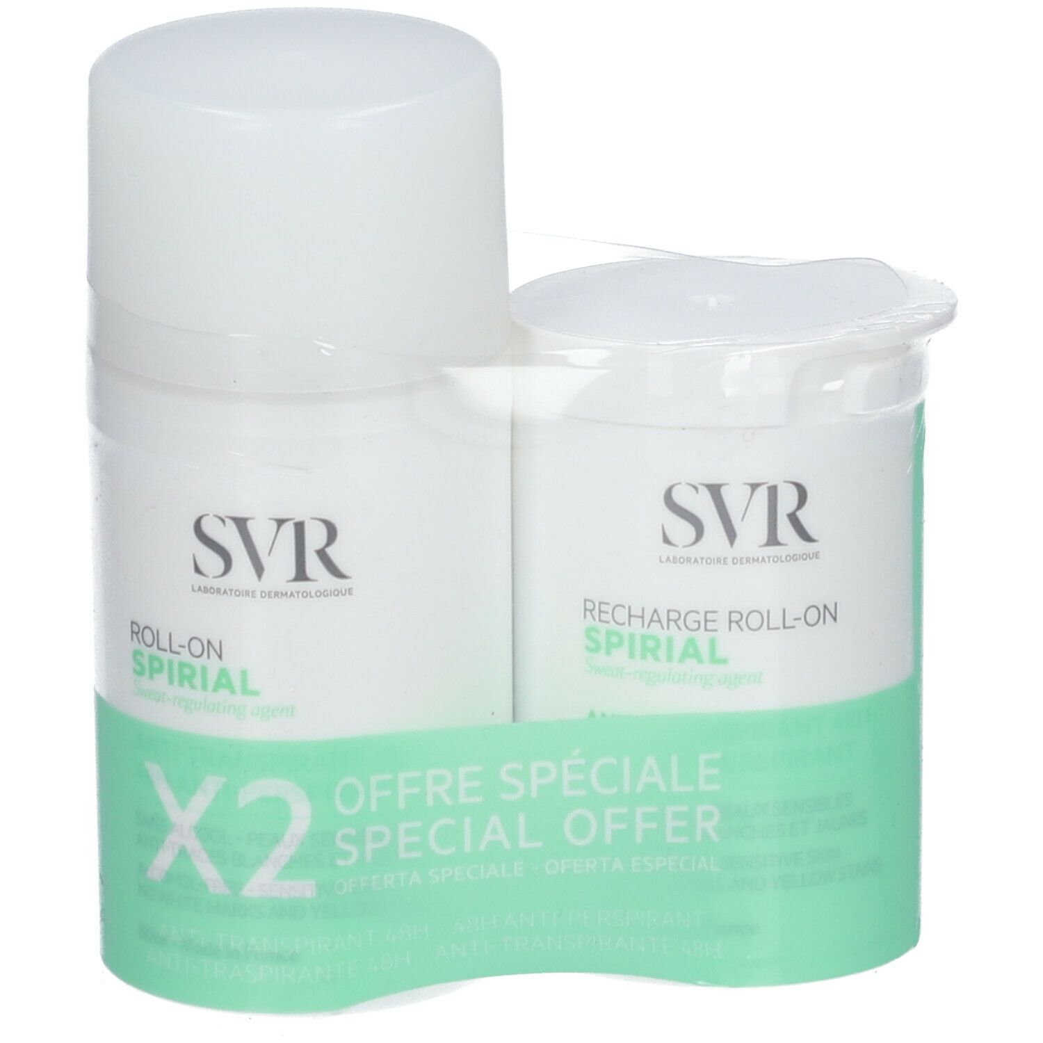 Deux déodorants roll-on blancs avec emballage vert. Inscription : SVR, Spirial, Offre Spéciale. Emballé.